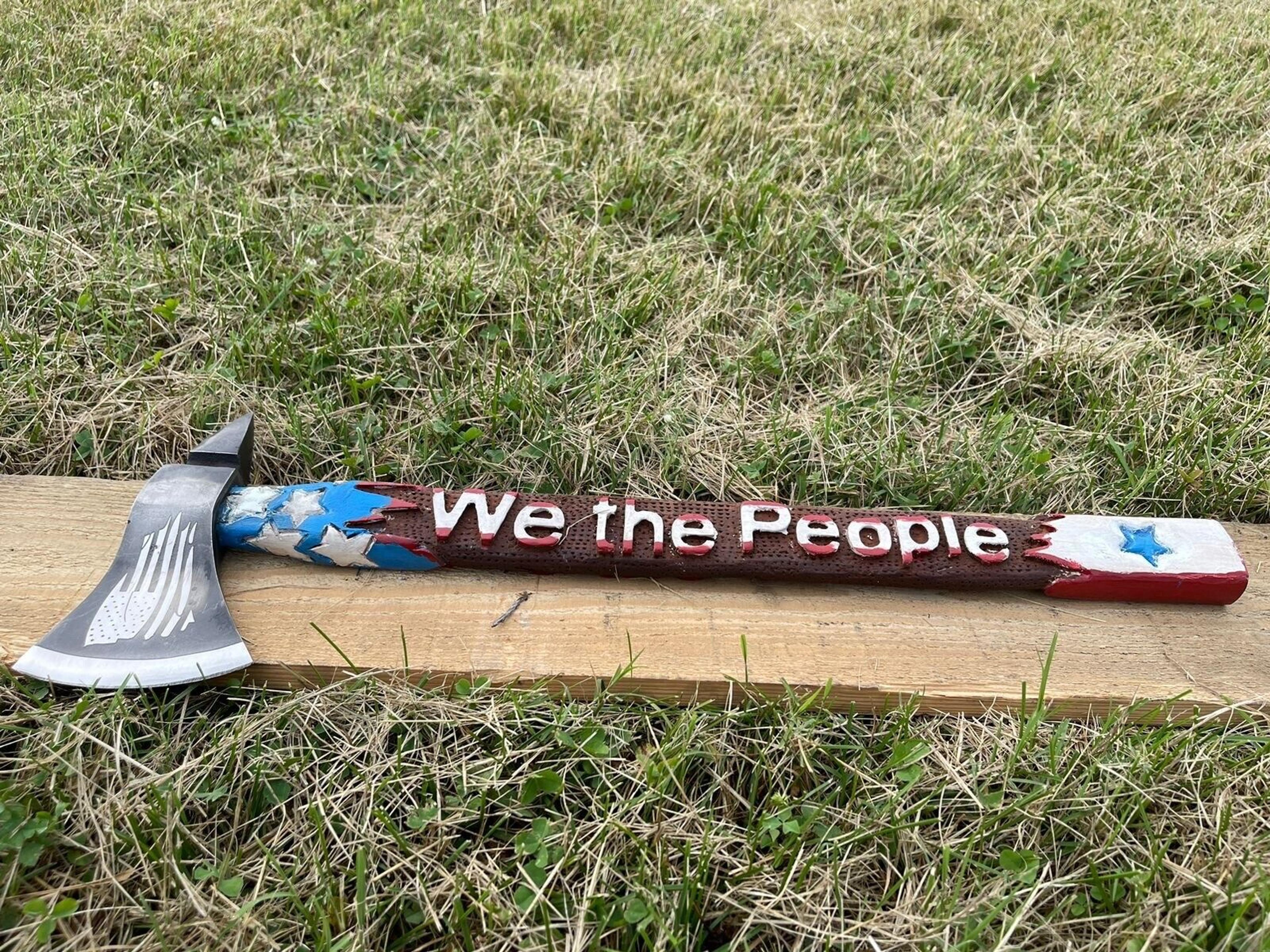 handmade carbon steel patriotic axe | we the people engraved 23 ash wood handle usa themed axe