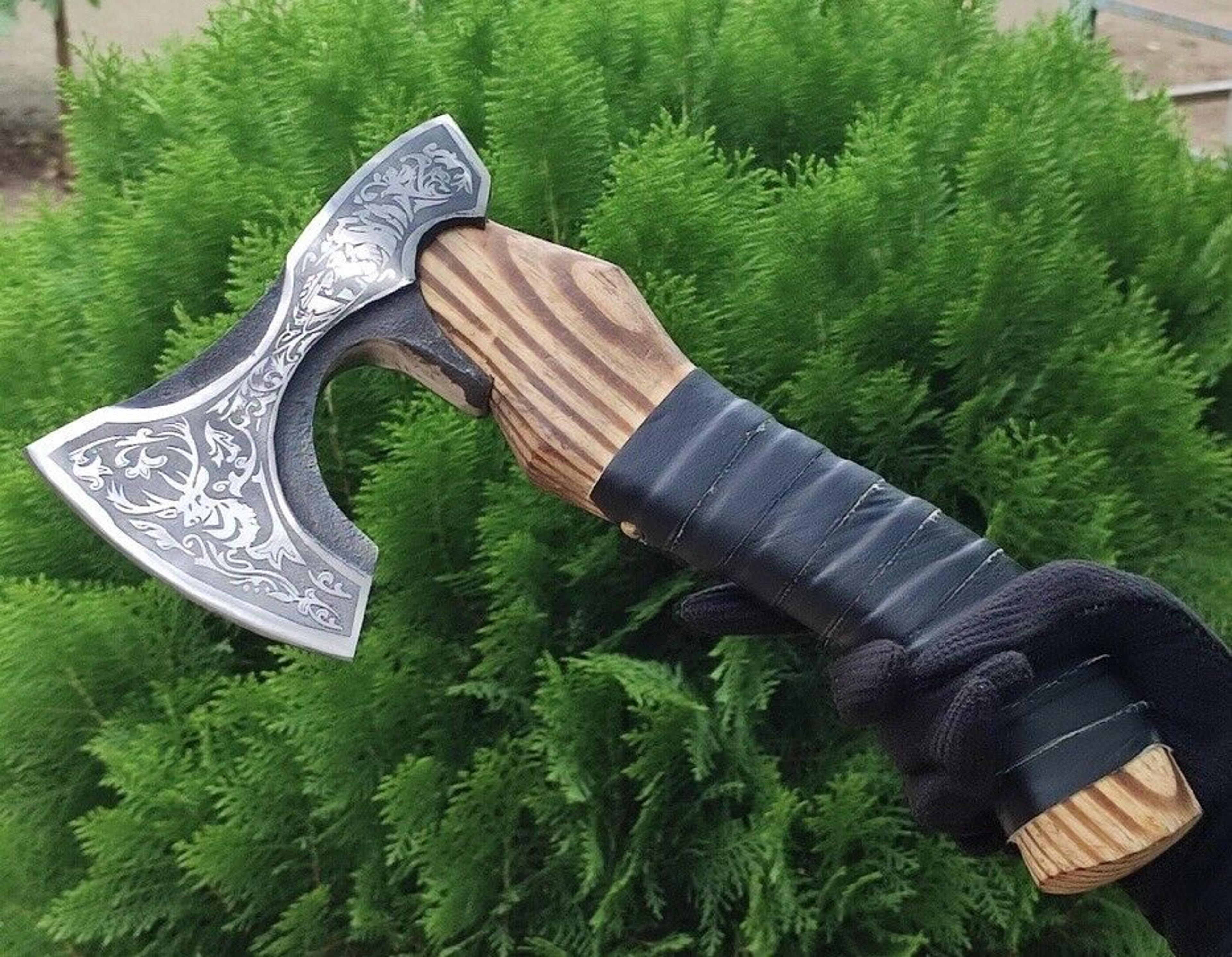 handmade mini viking hatchet | 14 inch high carbon steel laser-etched blade with 9 inch handle viking hatchet