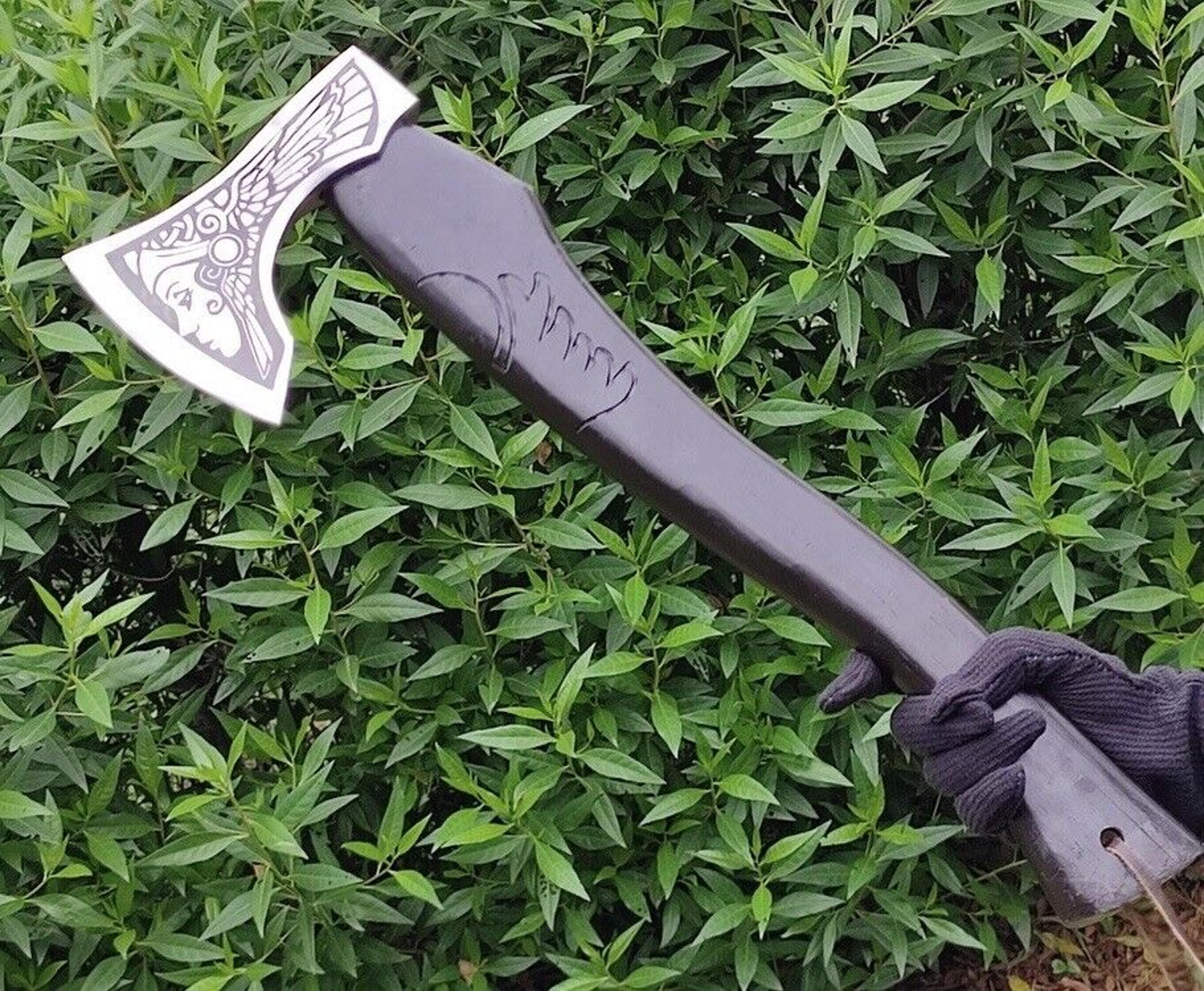 handmade viking throwing axe | 19" rare art carbon steel blade with carved ashwood handle | hand-forged nordic battle ax