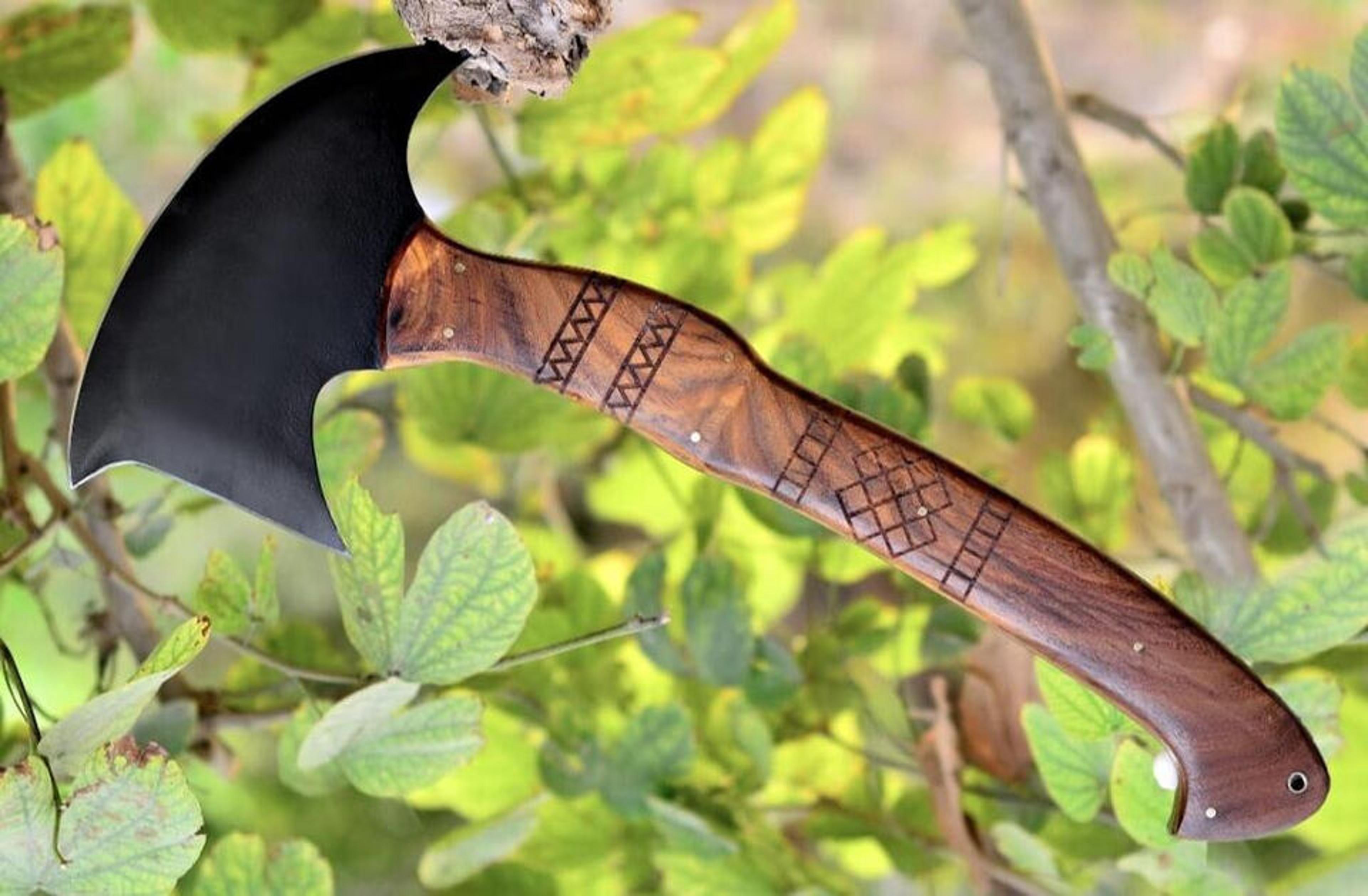 handmade viking bearded axe | 13" forged carbon steel battle hatchet with wooden handle & leather sheath