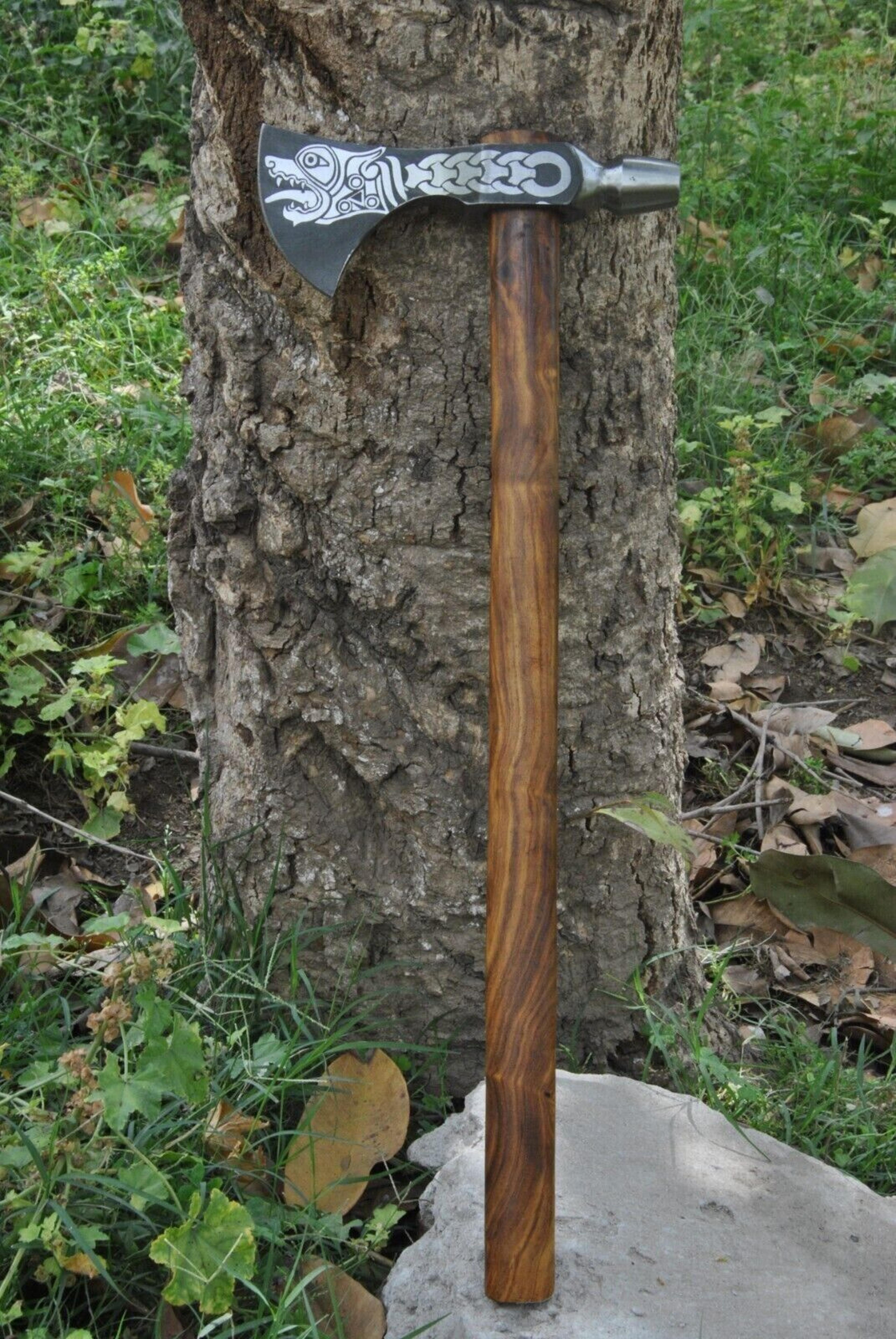 hand-forged carbon steel axe | 19" hunting & camping axe with leather sheath | rugged outdoor carbon steel hatchet gift