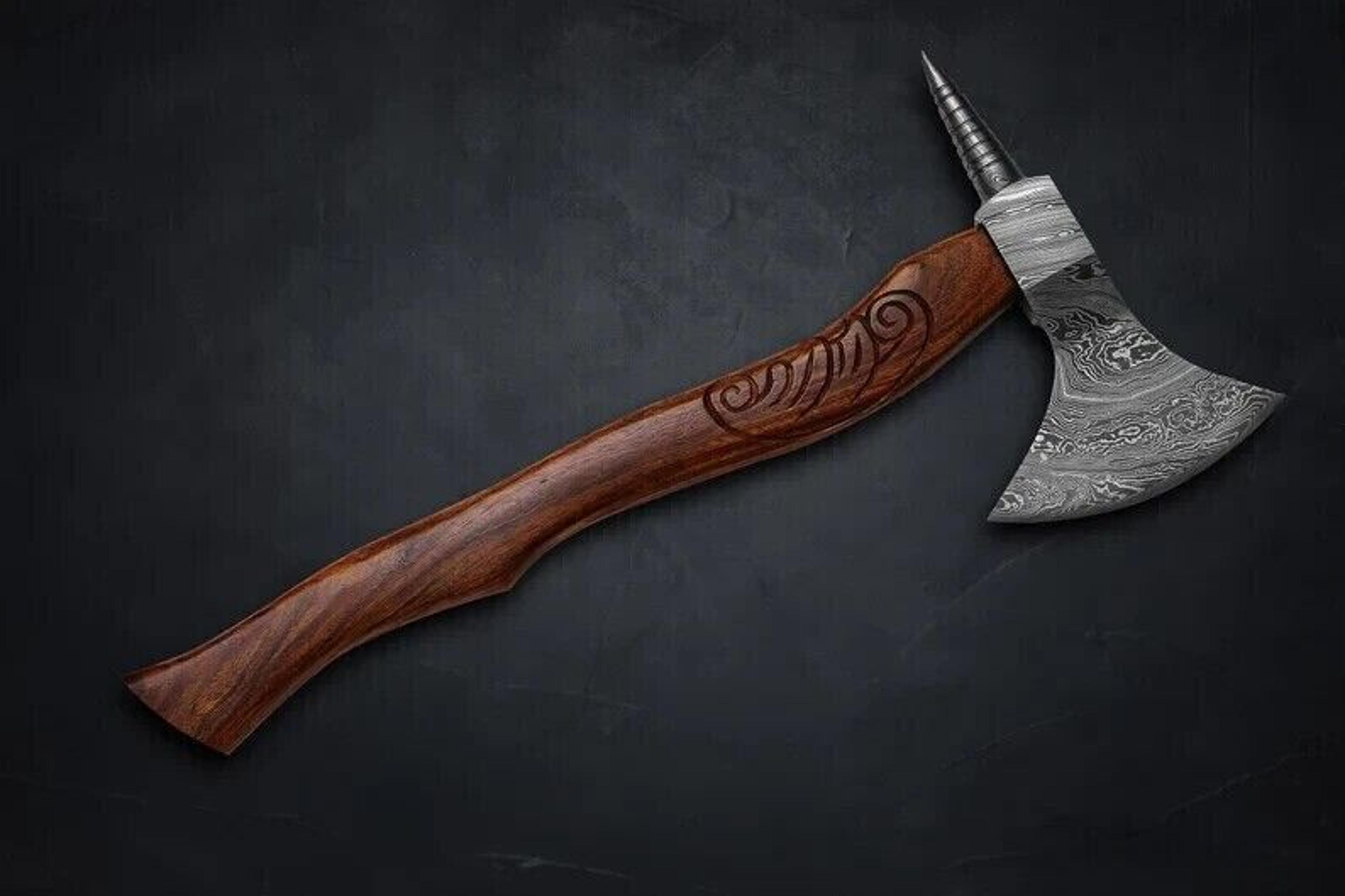 damascus steel tri axe | rosewood handle with leather sheath | 20" hand-forged viking throwing & hunting axe gift