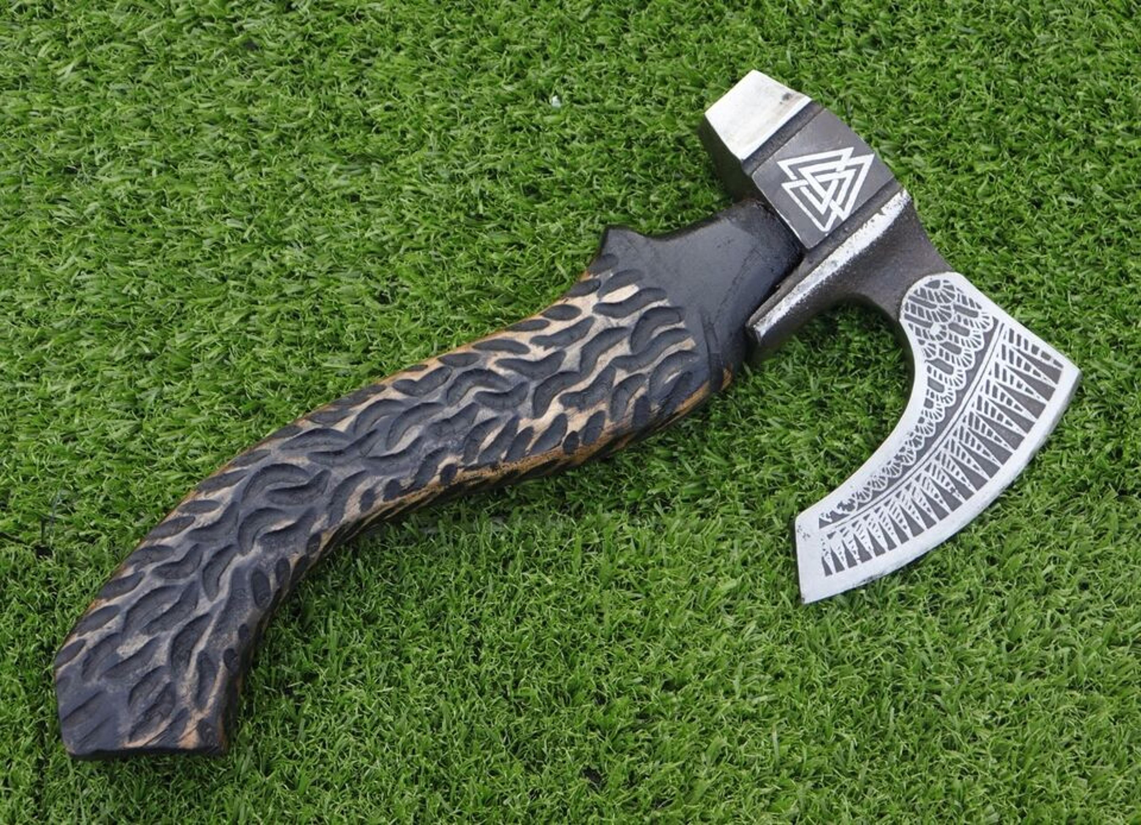 damascus steel viking hatchet | forged tomahawk hunting axe with leather sheath | hand-forged viking axe gift
