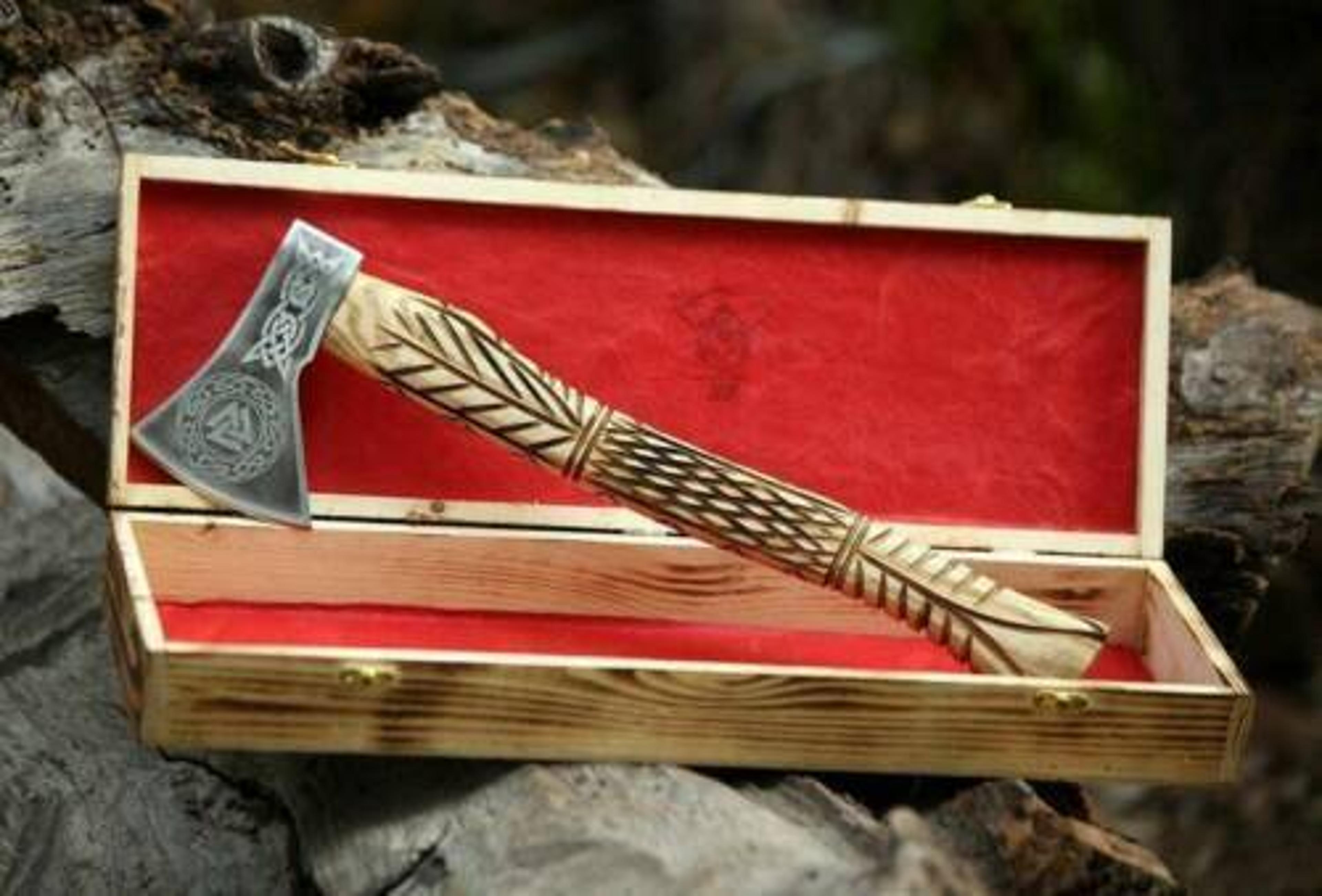 21" custom hand-forged carbon steel viking axe | acid-etched head & engraved ash wood handle | handmade battle axe