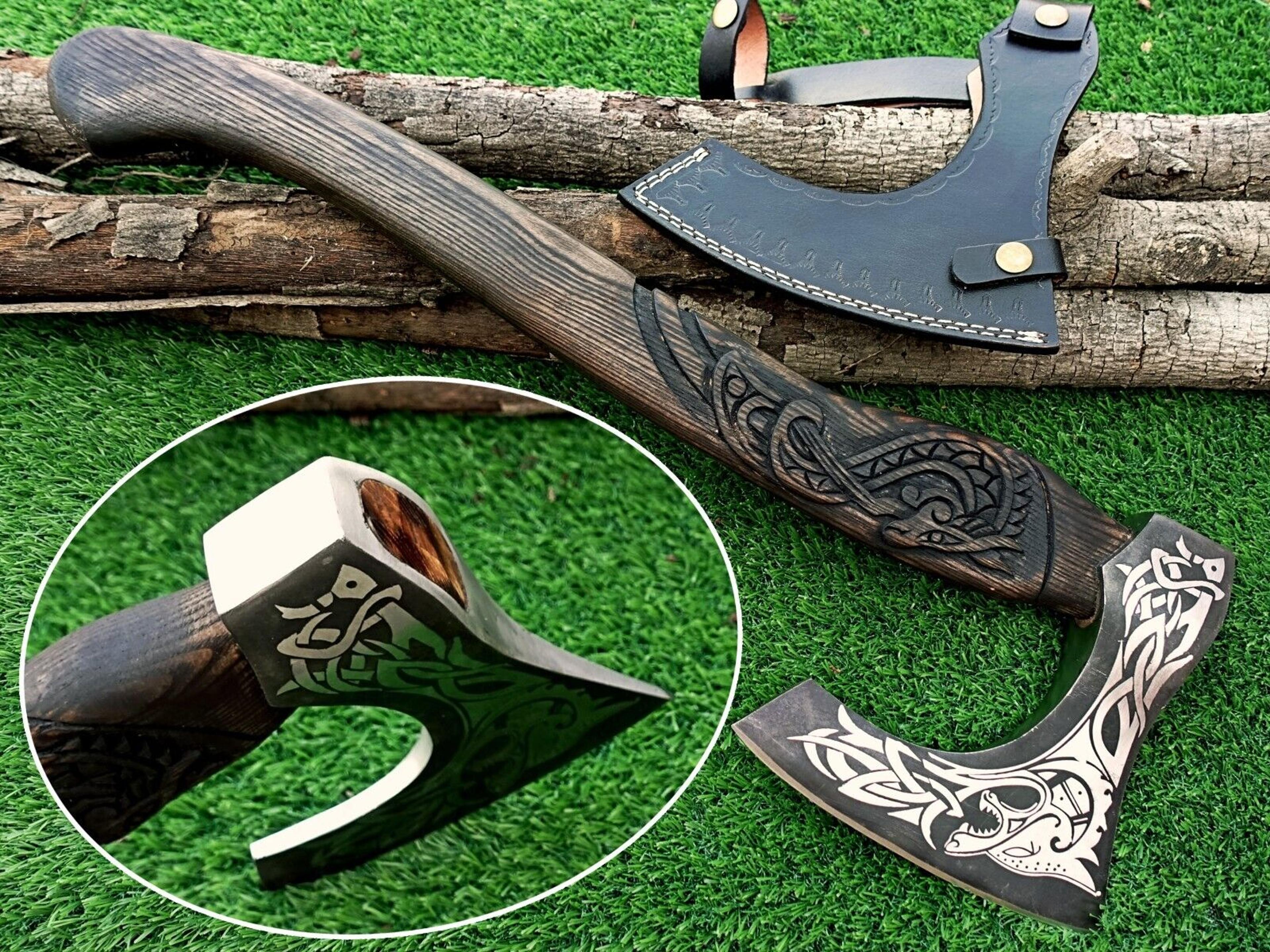 hand-forged viking axe | carbon steel blade & engraved wooden handle | personalized handmade hatchet