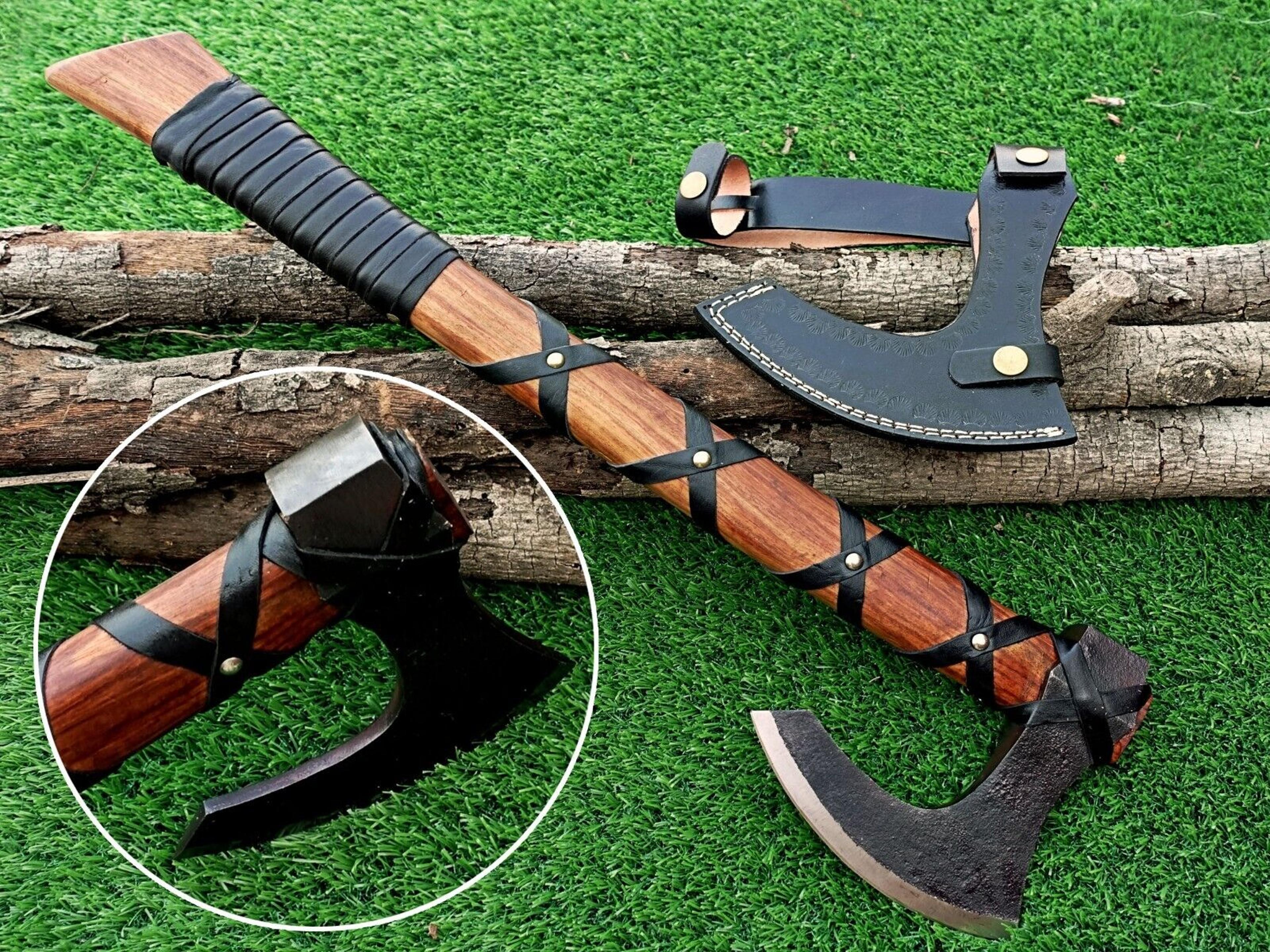 handmade viking axe – 18" carbon steel hatchet with hand-engraved wood handle | forged viking gift for men, collectors