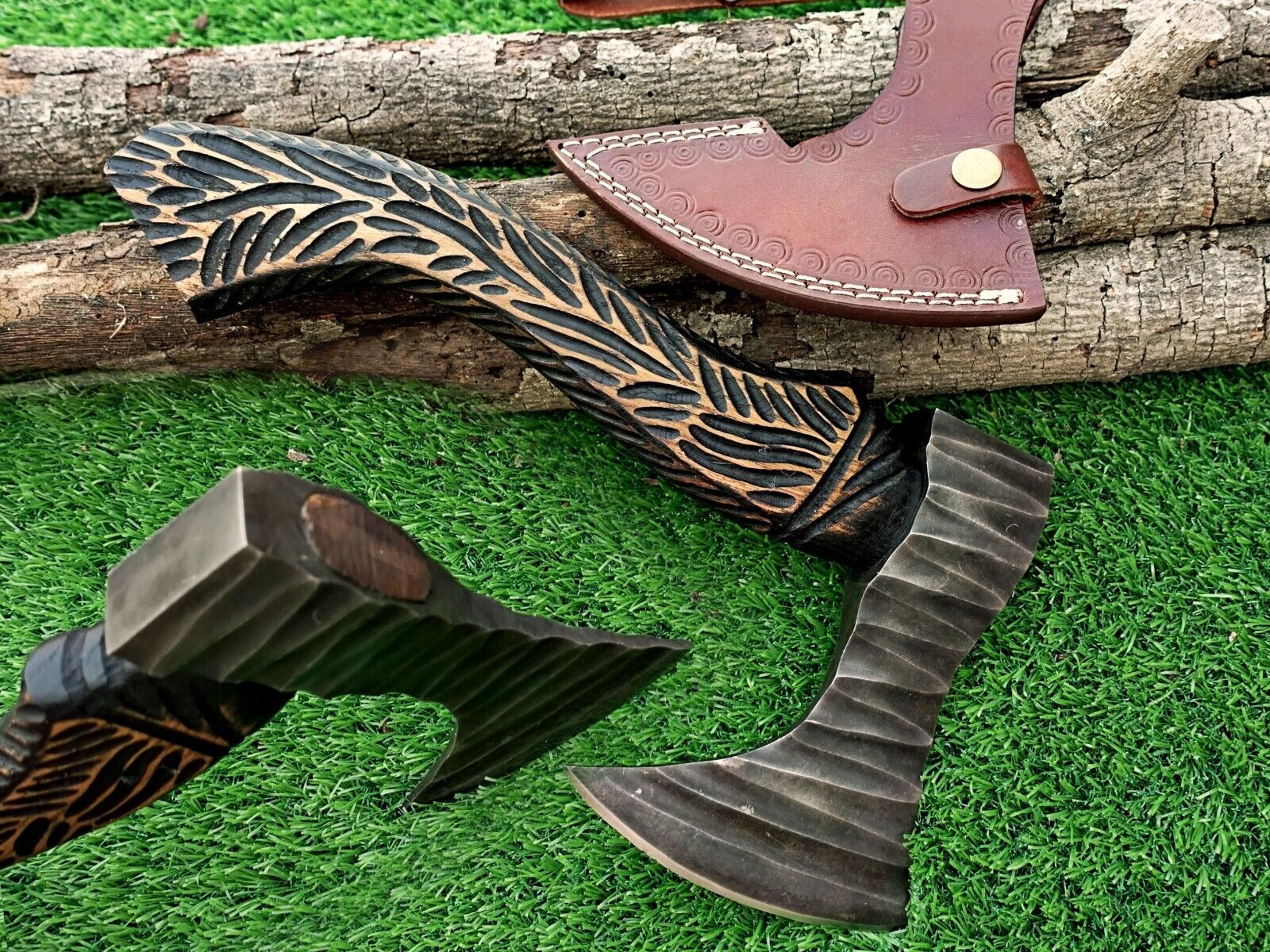 18" custom hand-forged carbon steel viking axe | engraved wood handle & leather sheath | personalized gift for him or he