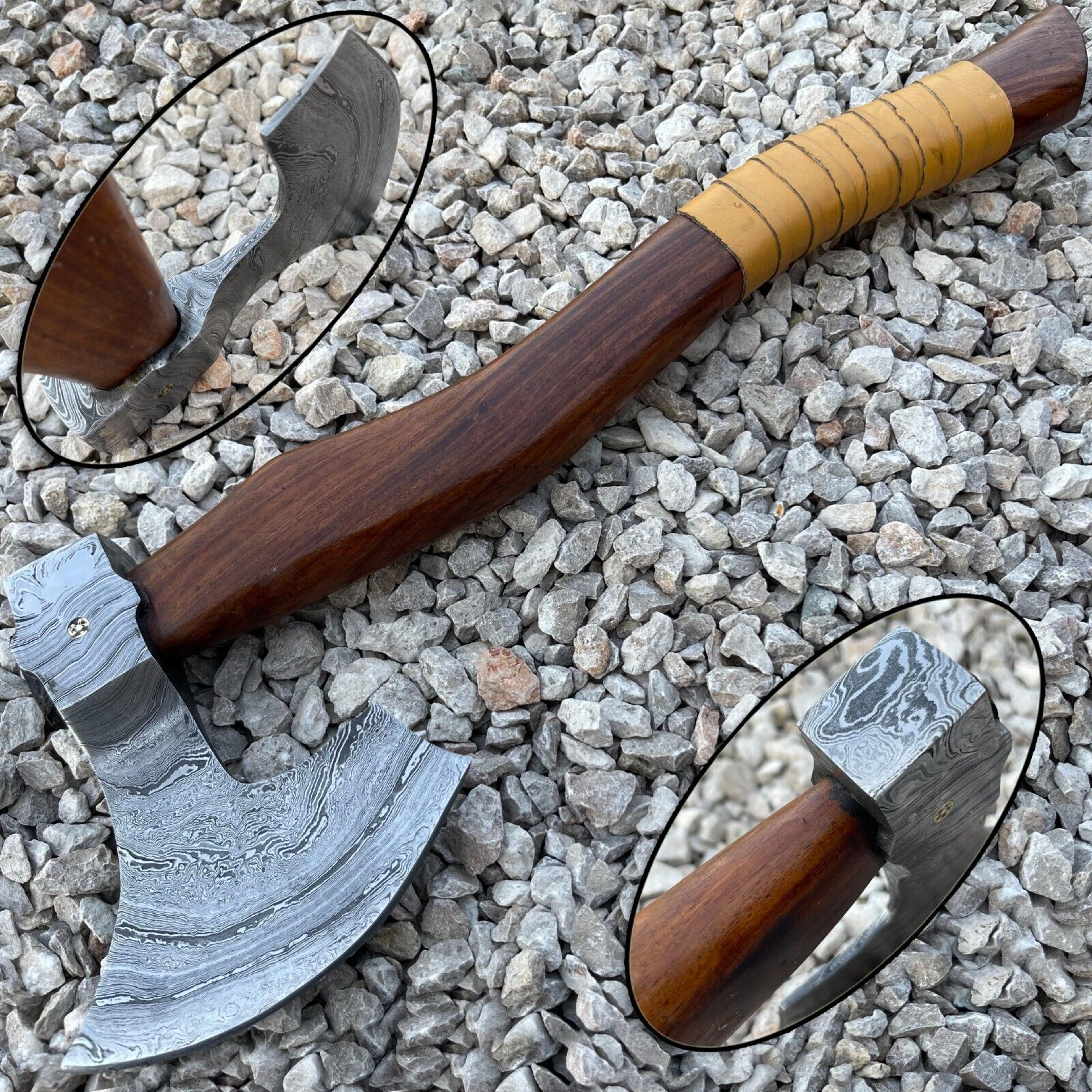 hand-forged viking axe | 18" carbon steel blade with etched design & string-wrapped wood handle | leather sheath | groom