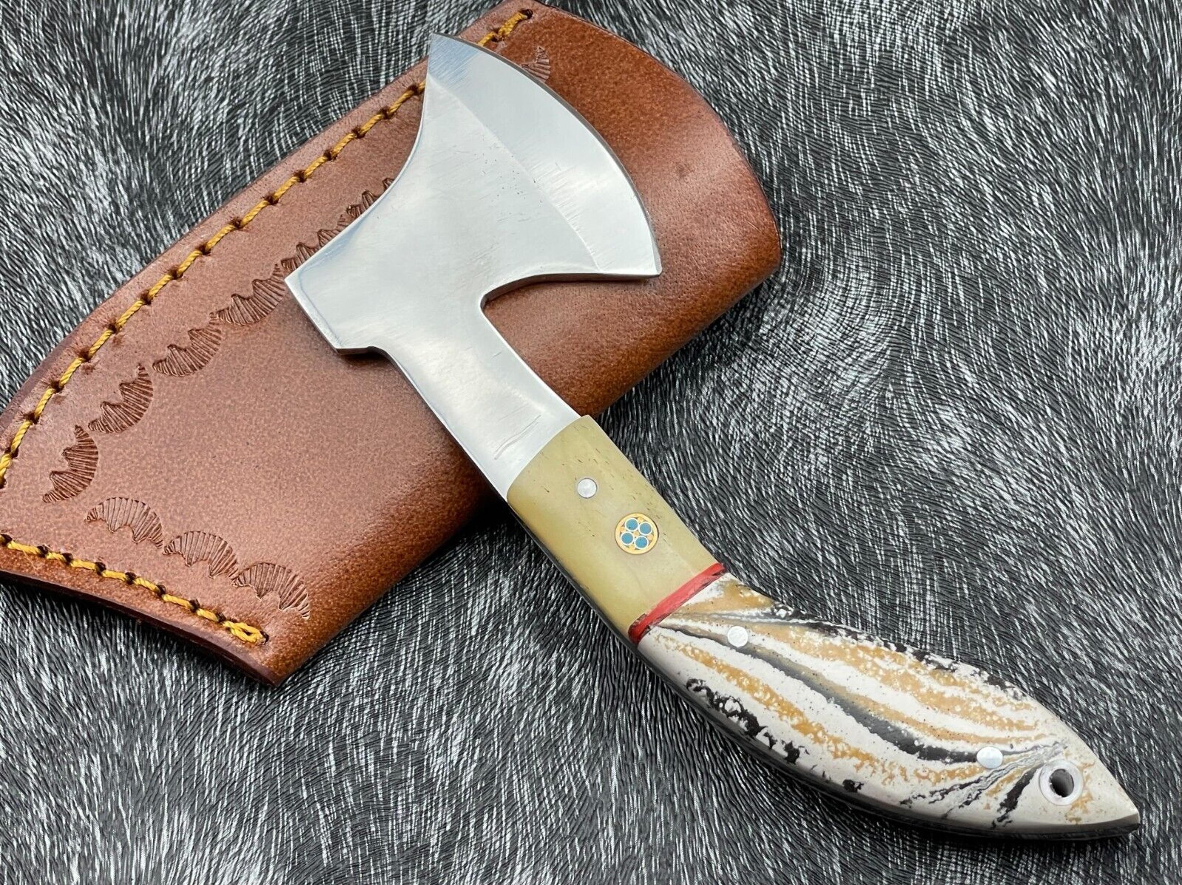 hand-forged viking tomahawk axe | 10" carbon steel blade, hardwood handle & thick leather sheath | groomsmen father gift