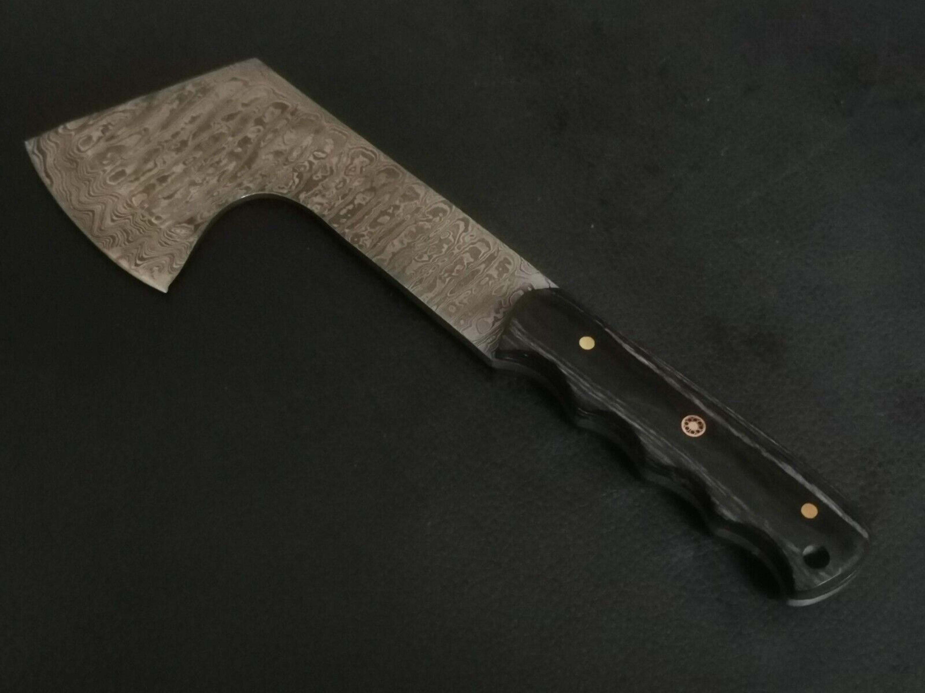 10.5" custom hand made damascus steel axe densified wood handle w/sheath h812