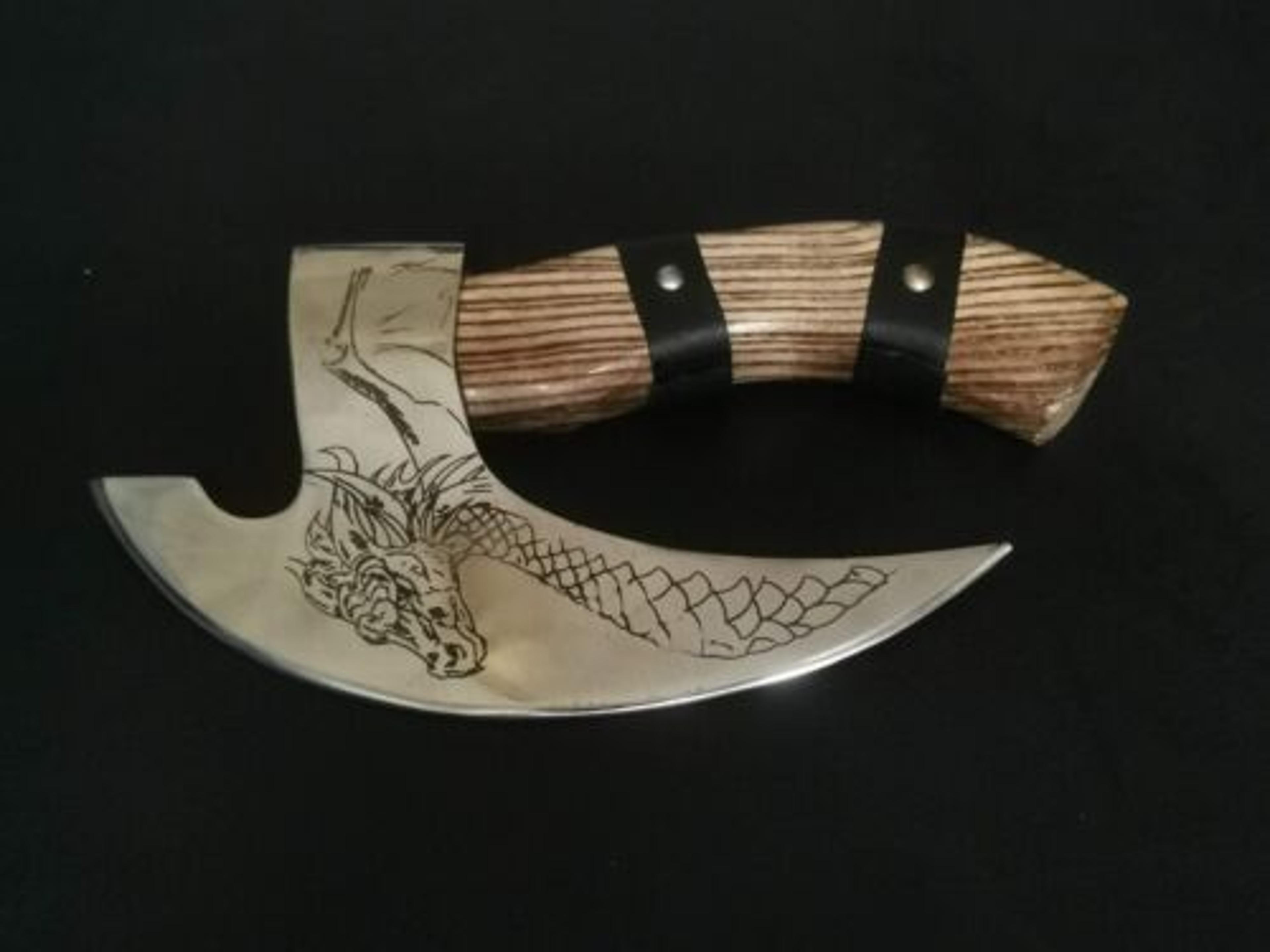 engraved hand-forged viking axe | d2 steel 9" blade, 8" olive wood handle & leather sheath | custom gift for him