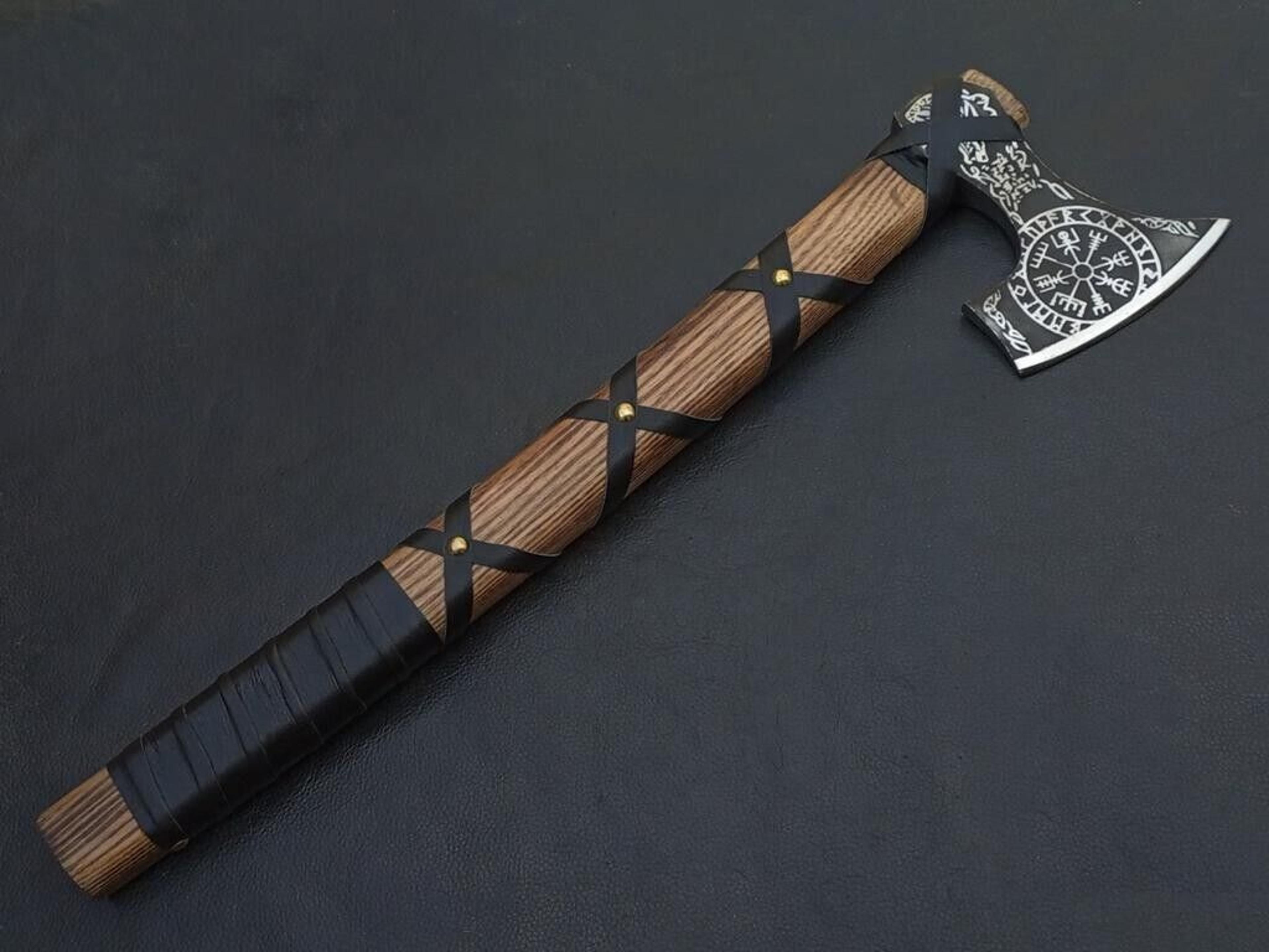 engraved viking axe | hand-forged carbon steel blade, 16" rosewood handle & leather sheath | camping, outdoor & gift