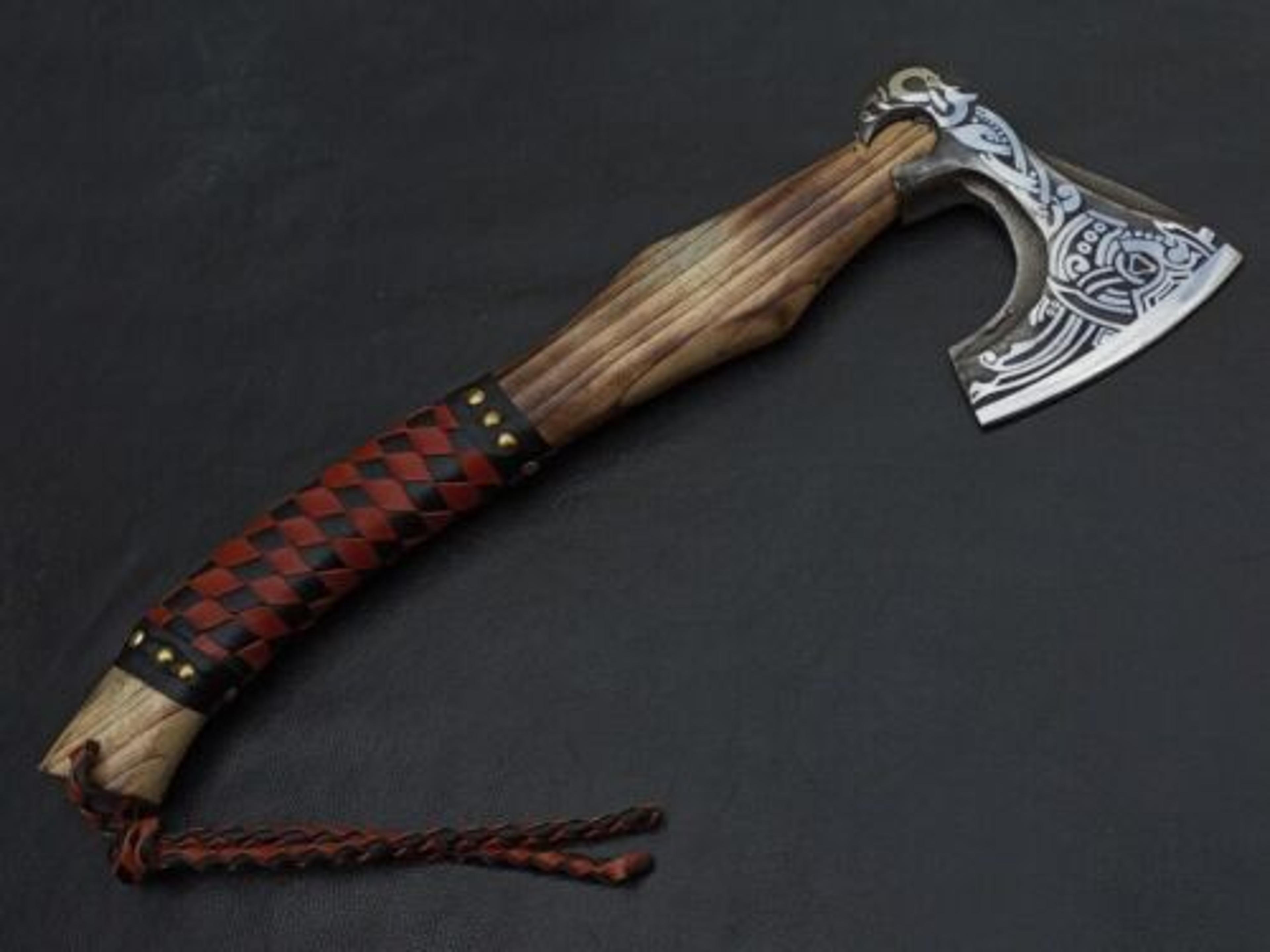 engraved hand-forged viking axe | 16" rosewood handle & 5" carbon steel blade | includes leather sheath – perfect gift f
