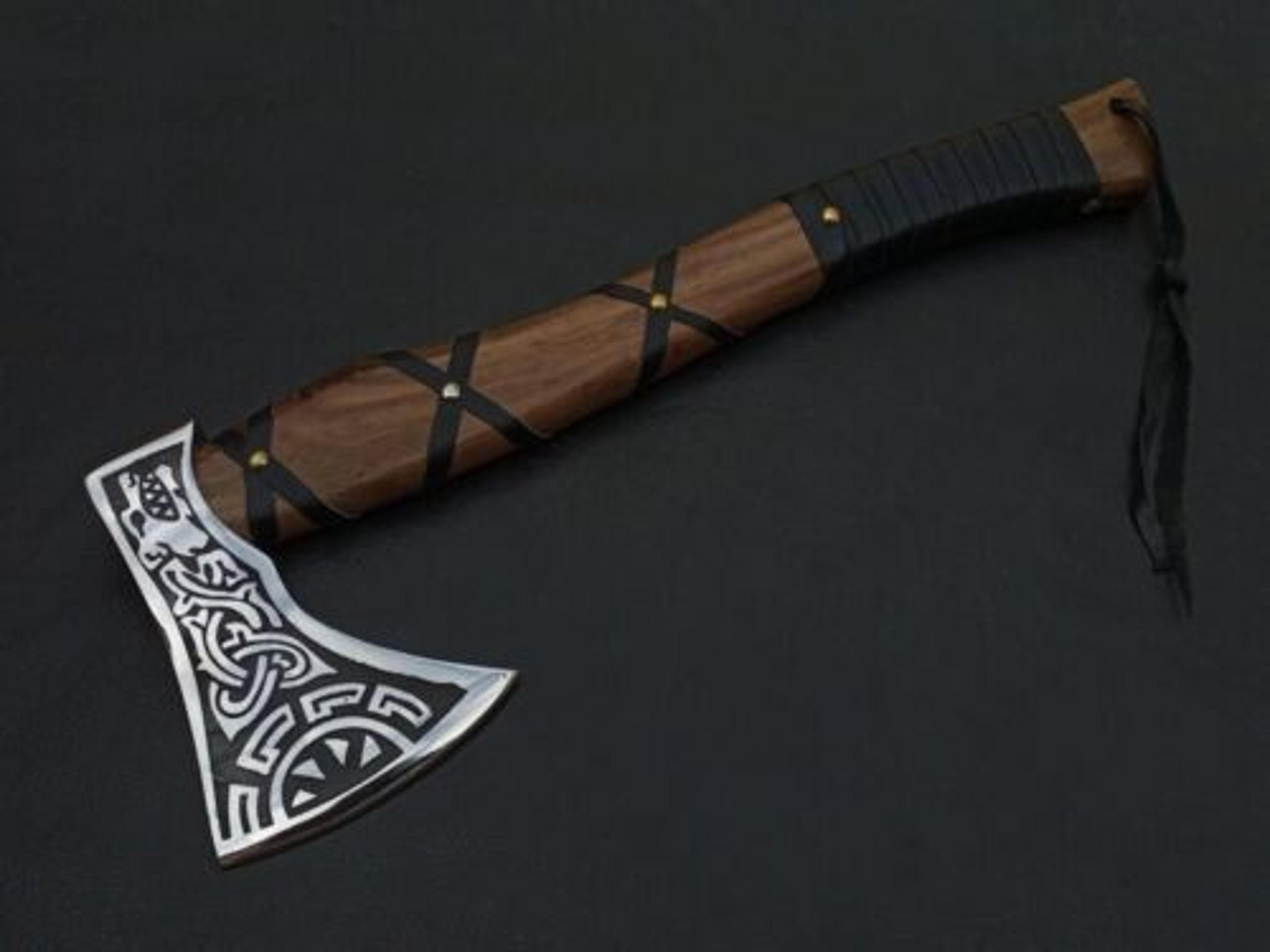 engraved hand-forged viking axe | 16" rosewood handle & 5" carbon steel blade | includes leather sheath perfect gift