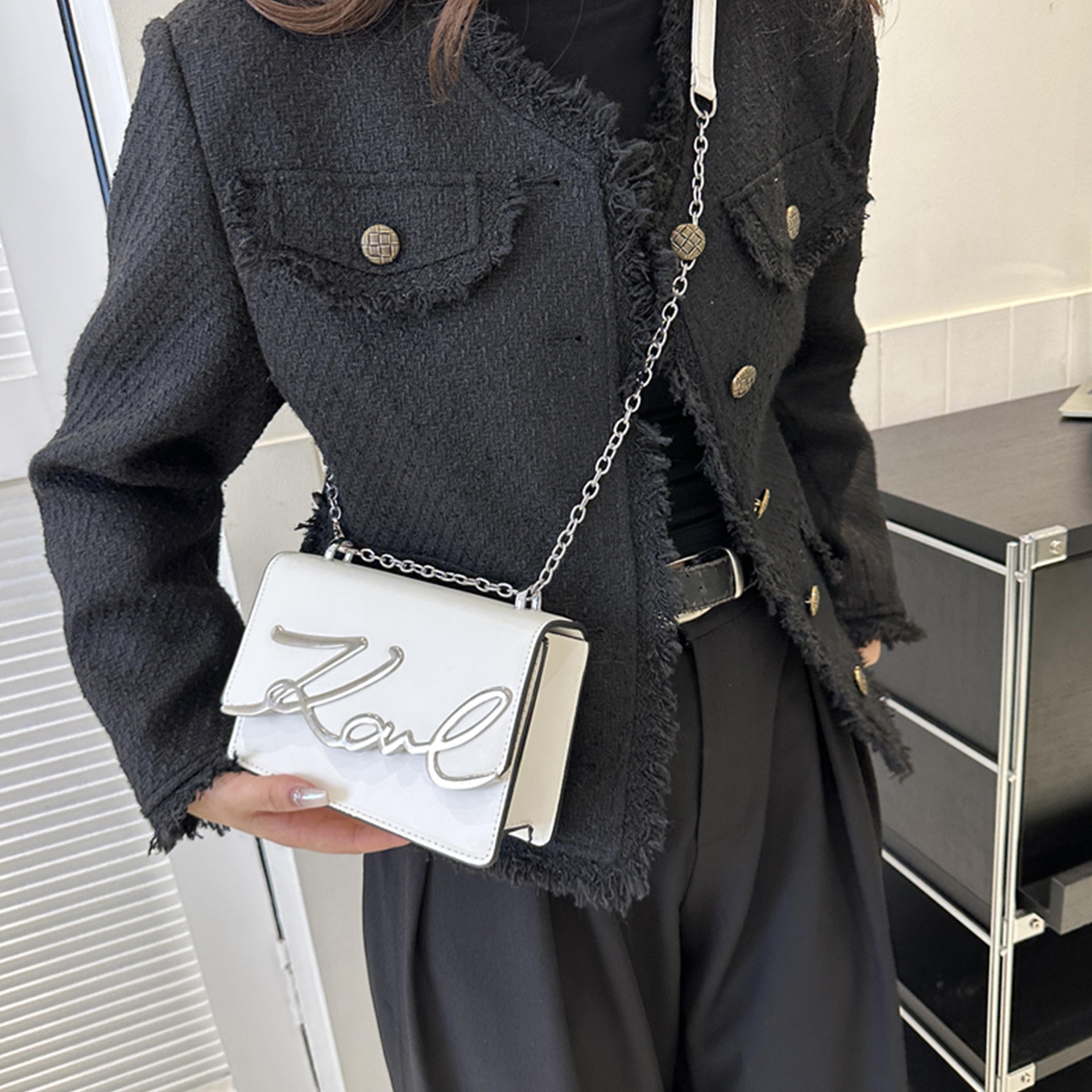 fashionable solid color crossbody shoulder bag with metal logo & chainlink strap
