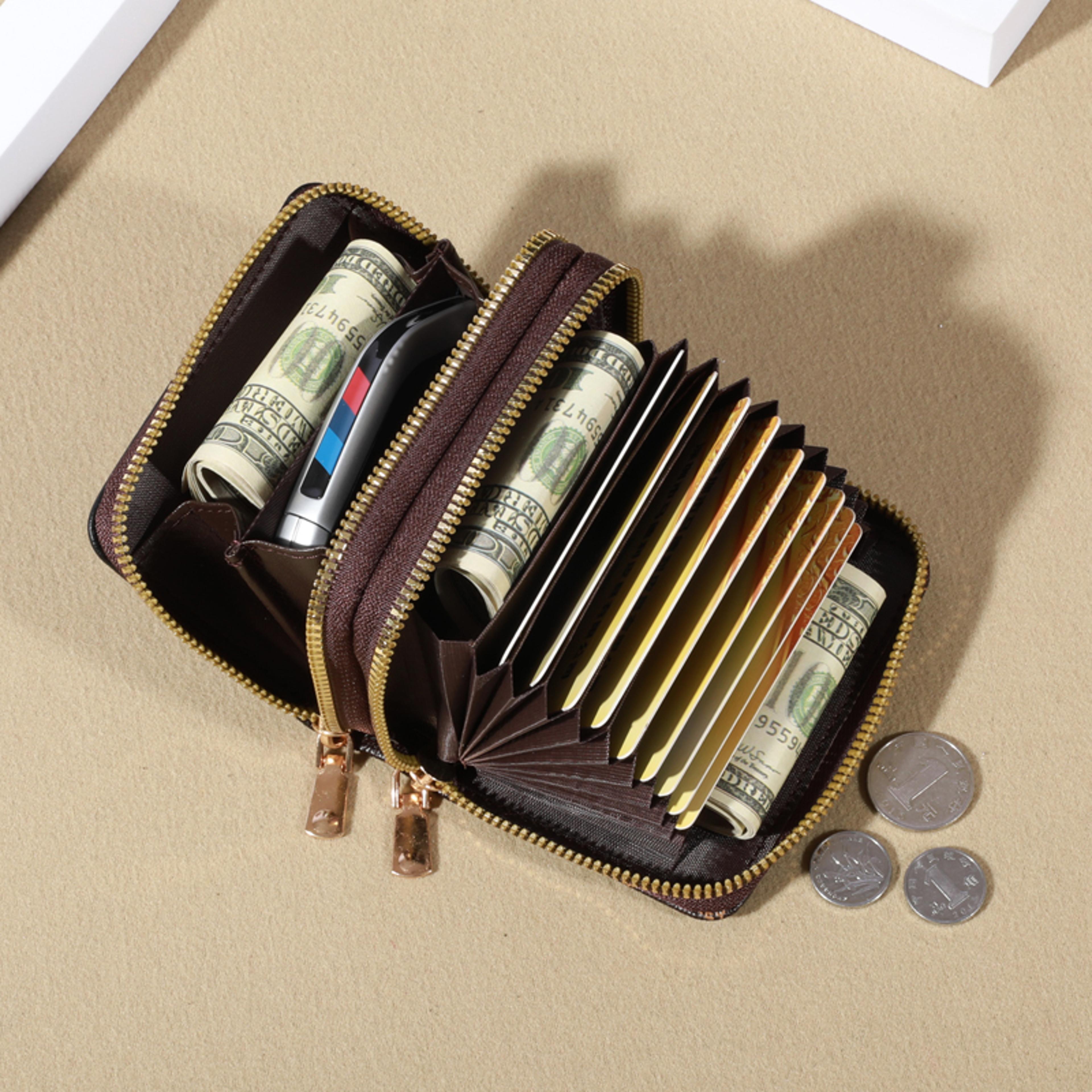 chic faux leather compact clutch with double zipper card slots & slip pocket