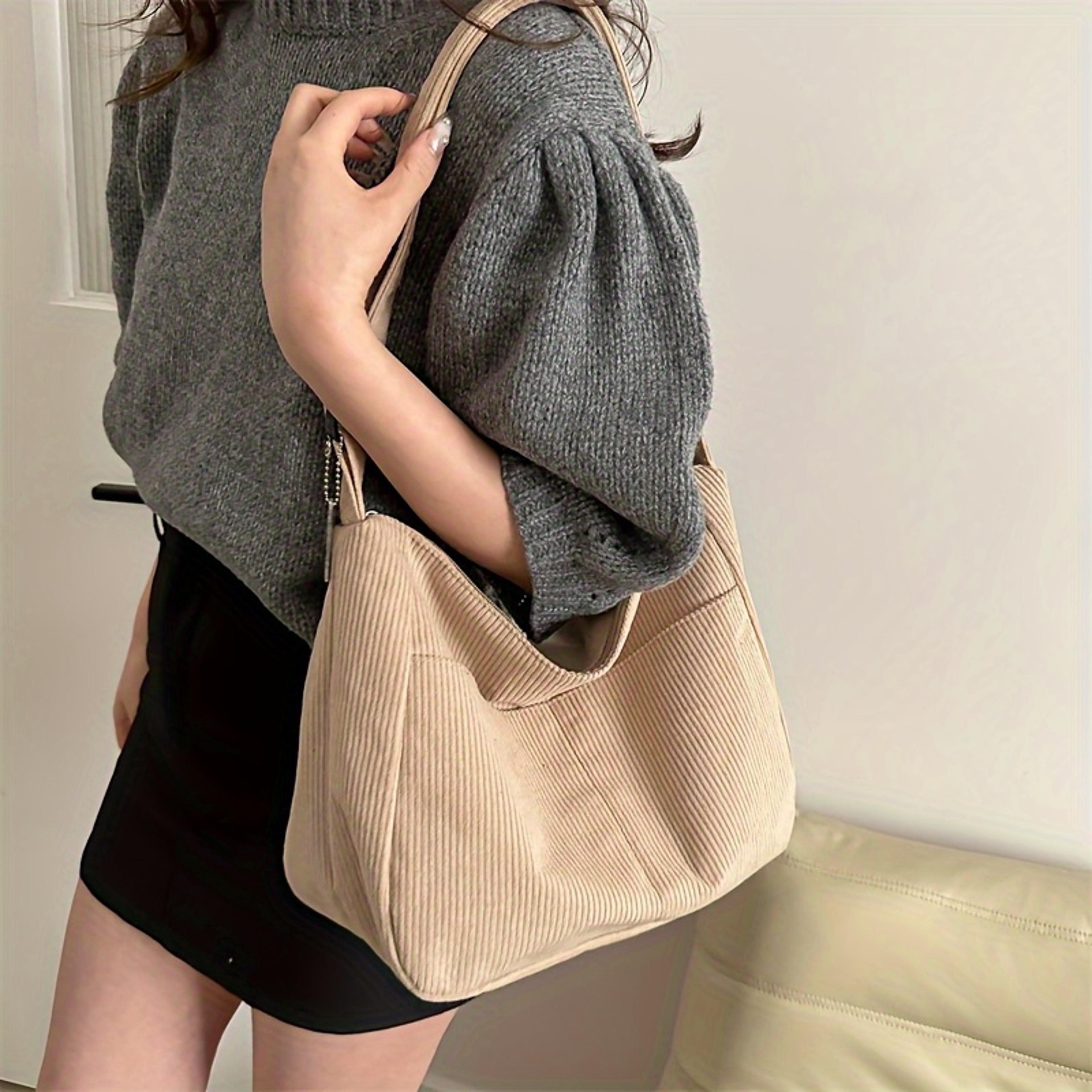 womens corduroy tote bag with cute hat patch large capacity zipper closure stylish striped design for everyday use