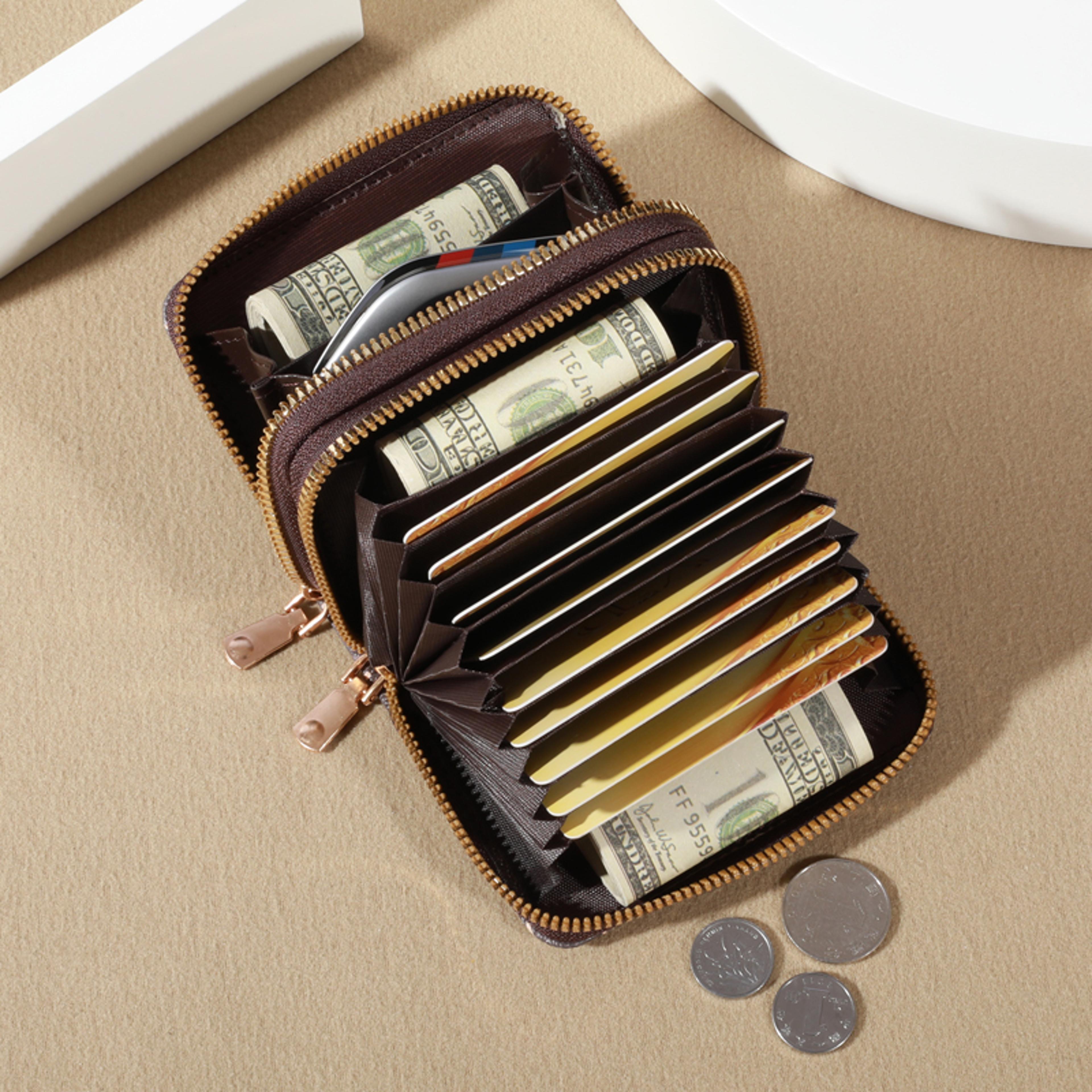 vintage zipper women card holder wallet with coin purse compact faux leather design