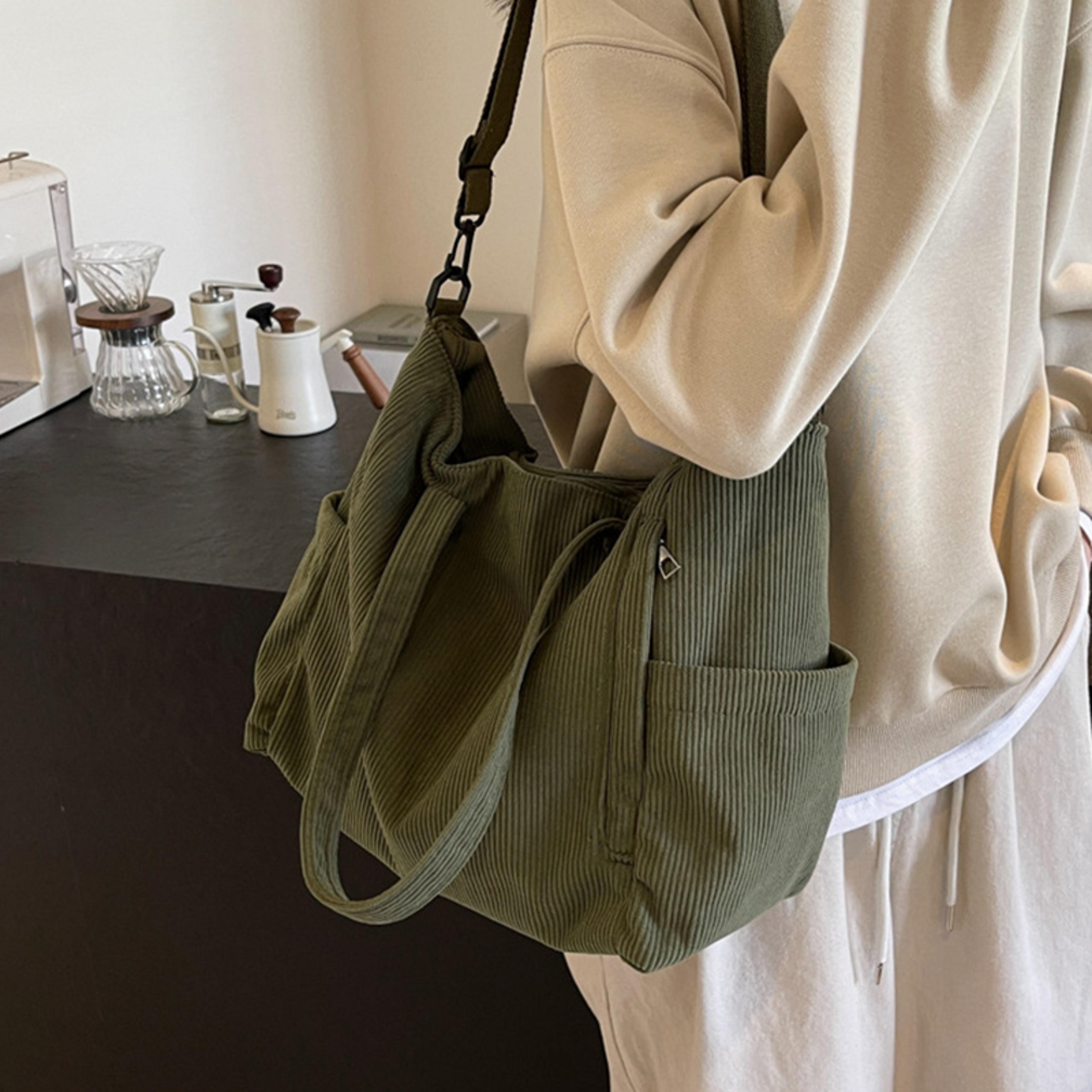 womens corduroy tote bag with multi pockets adjustable strap zipper shoulder bag casual crossbody for fall & winter