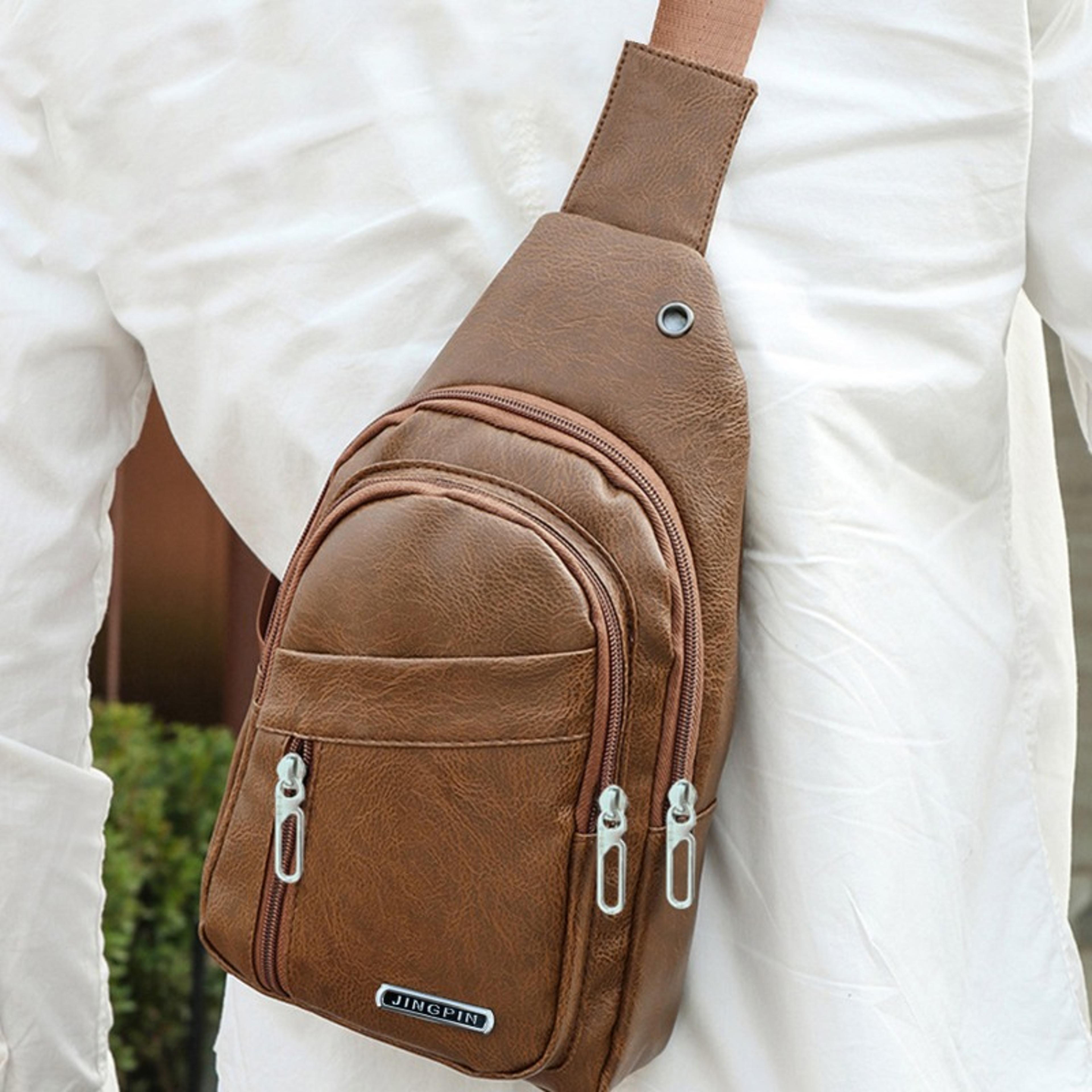 mens crossbody chest bag durable pu leather fashion shoulder bag
