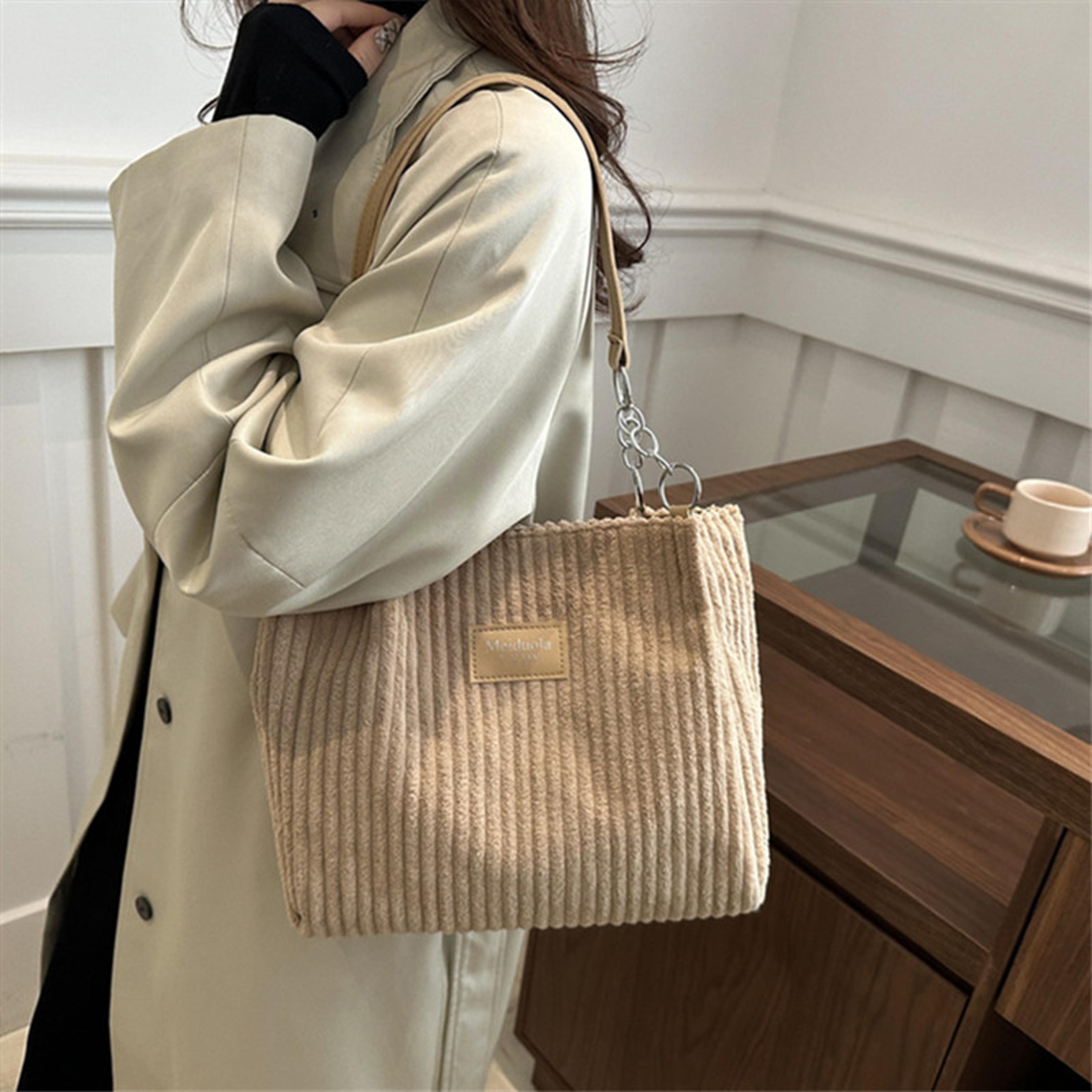 chic corduroy tote bag for women spacious shoulder handbag with trendy chain & leather accents