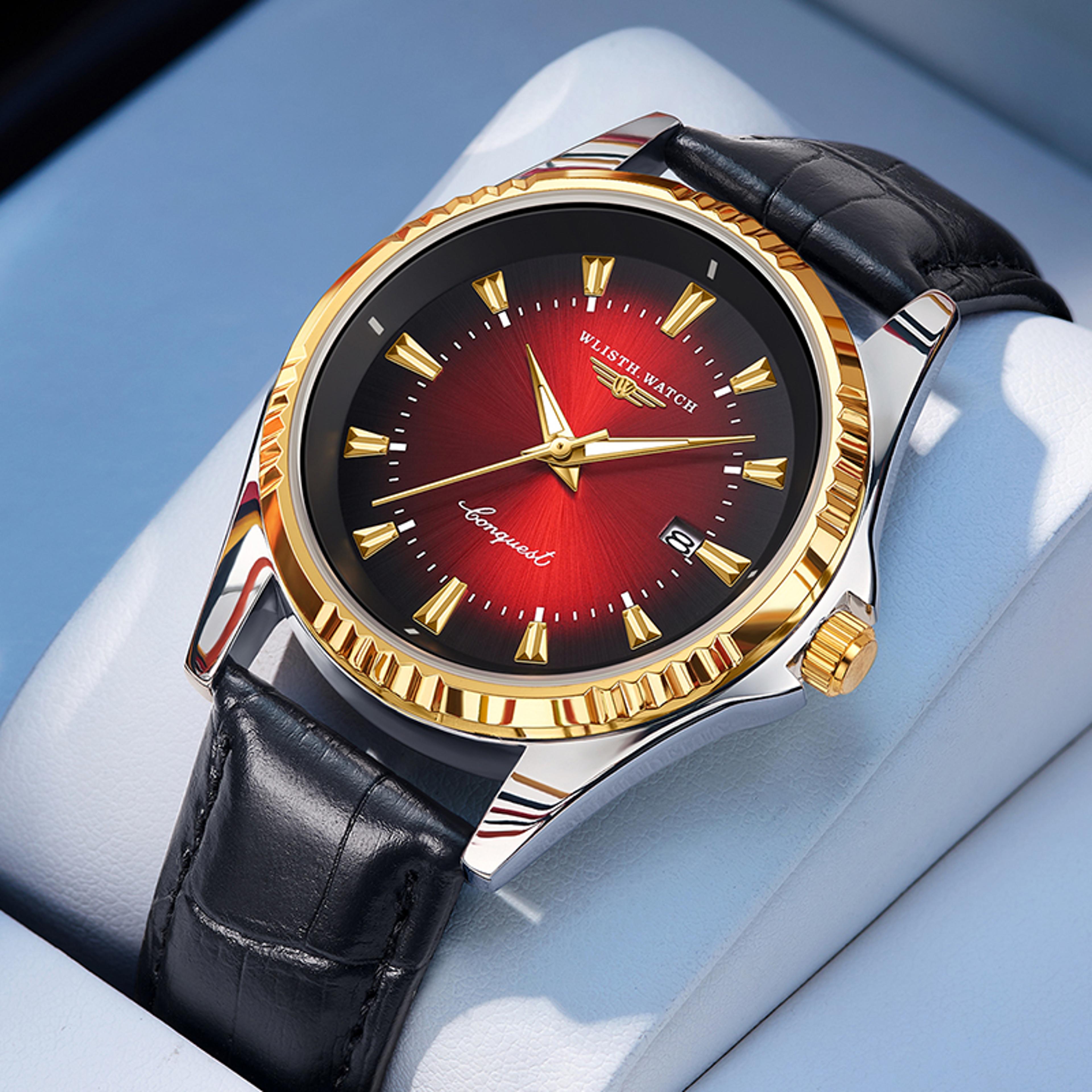 waterproof luminous mens quartz watch with stainless steel & leather strap