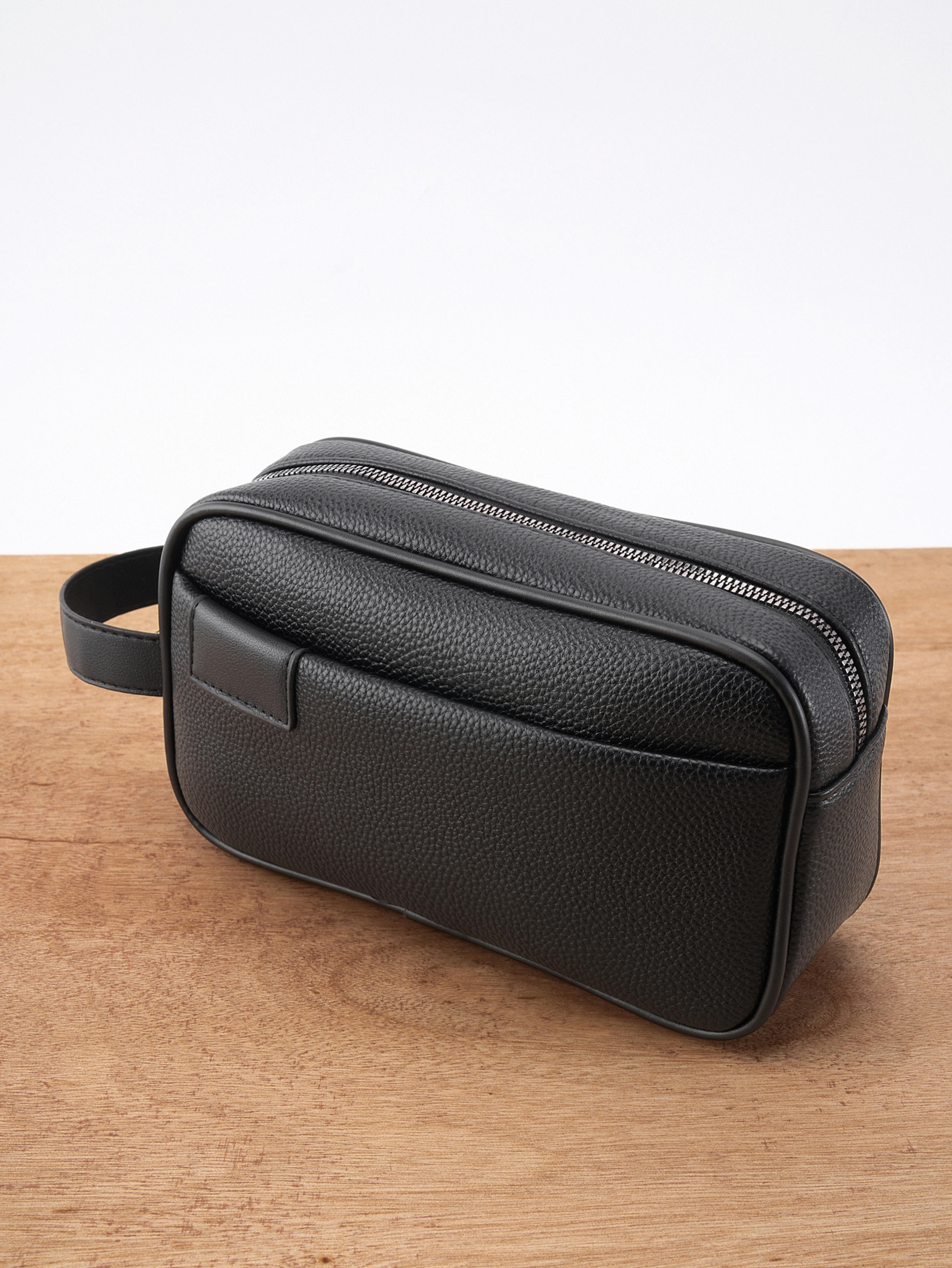 mens pu leather hand carry bag lightweight textured design with detachable wrist strap and zippered pocket organizer