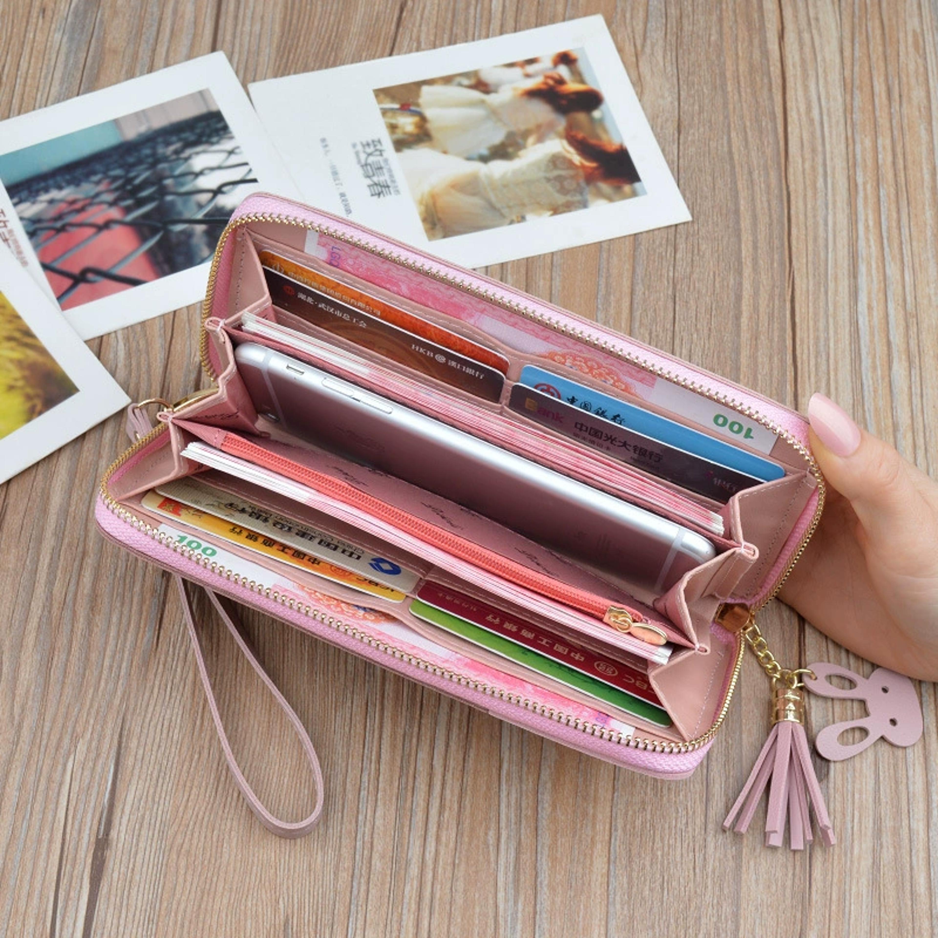 geometric leather tassel wallet for women long zipper card holder with money clip