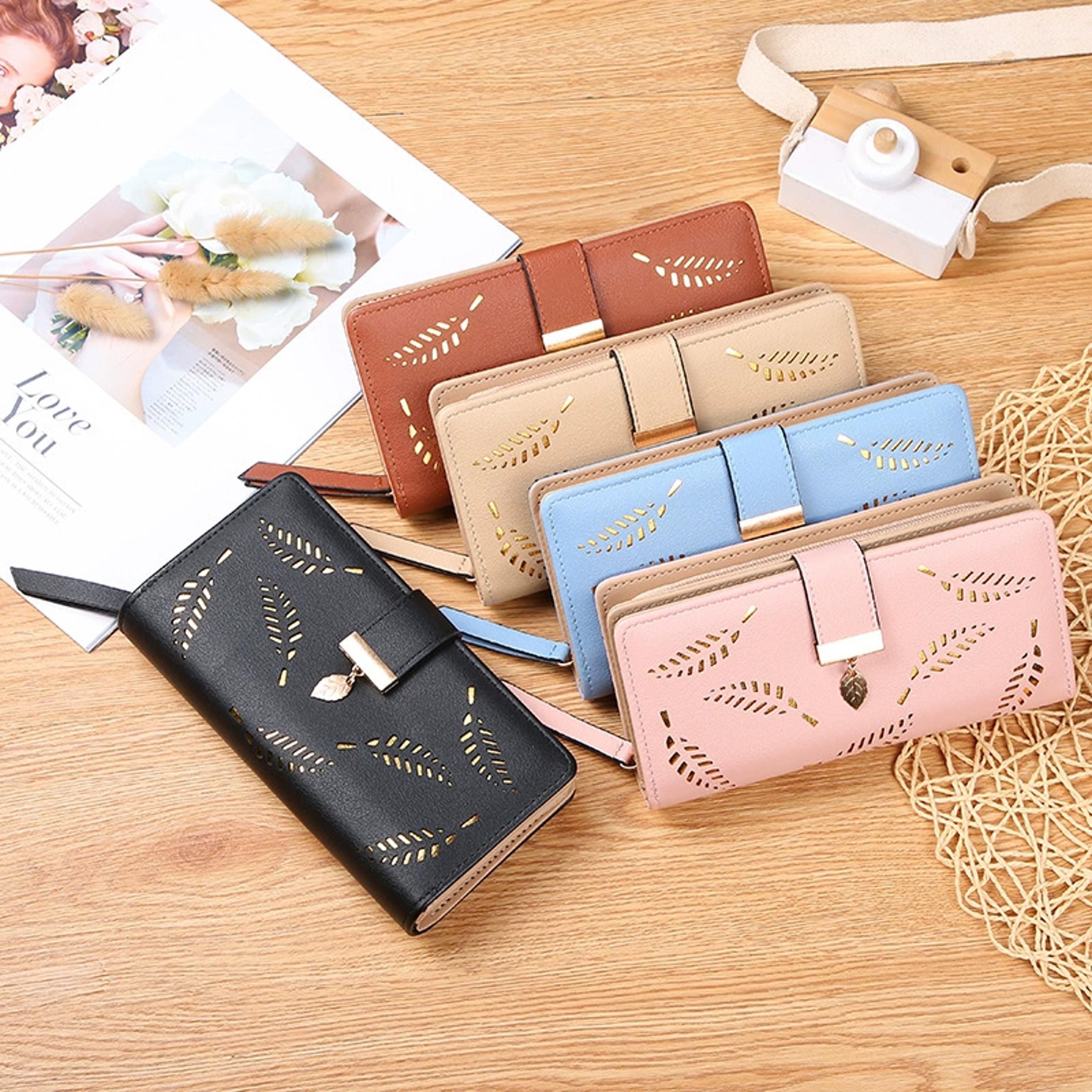 elegant women’s long wallet with leaf cutout design, large capacity pu leather clutch, multi card holder purse money clip