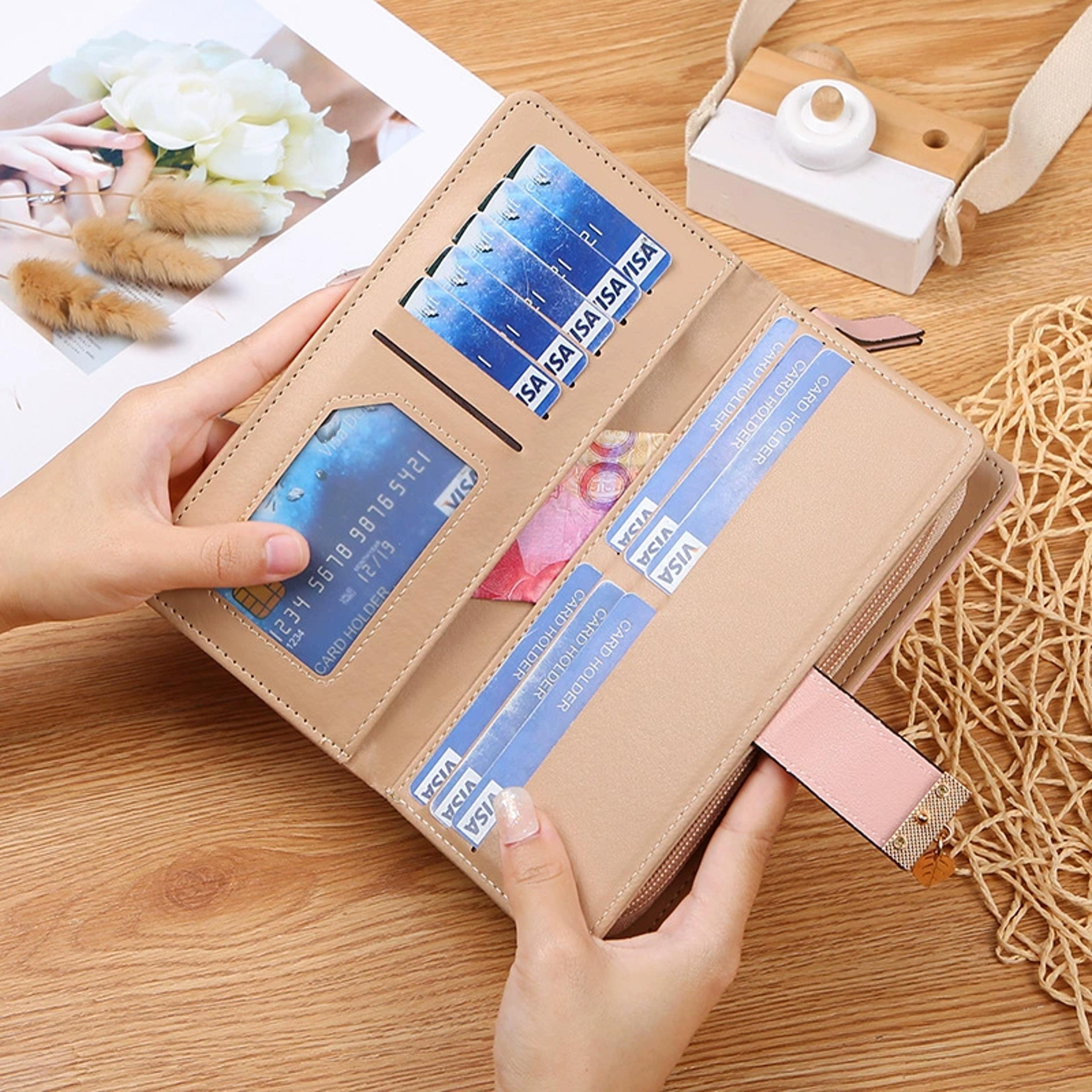 sleek womens long pu leather wallet with intricate leaf design, large capacity cardholder clutch