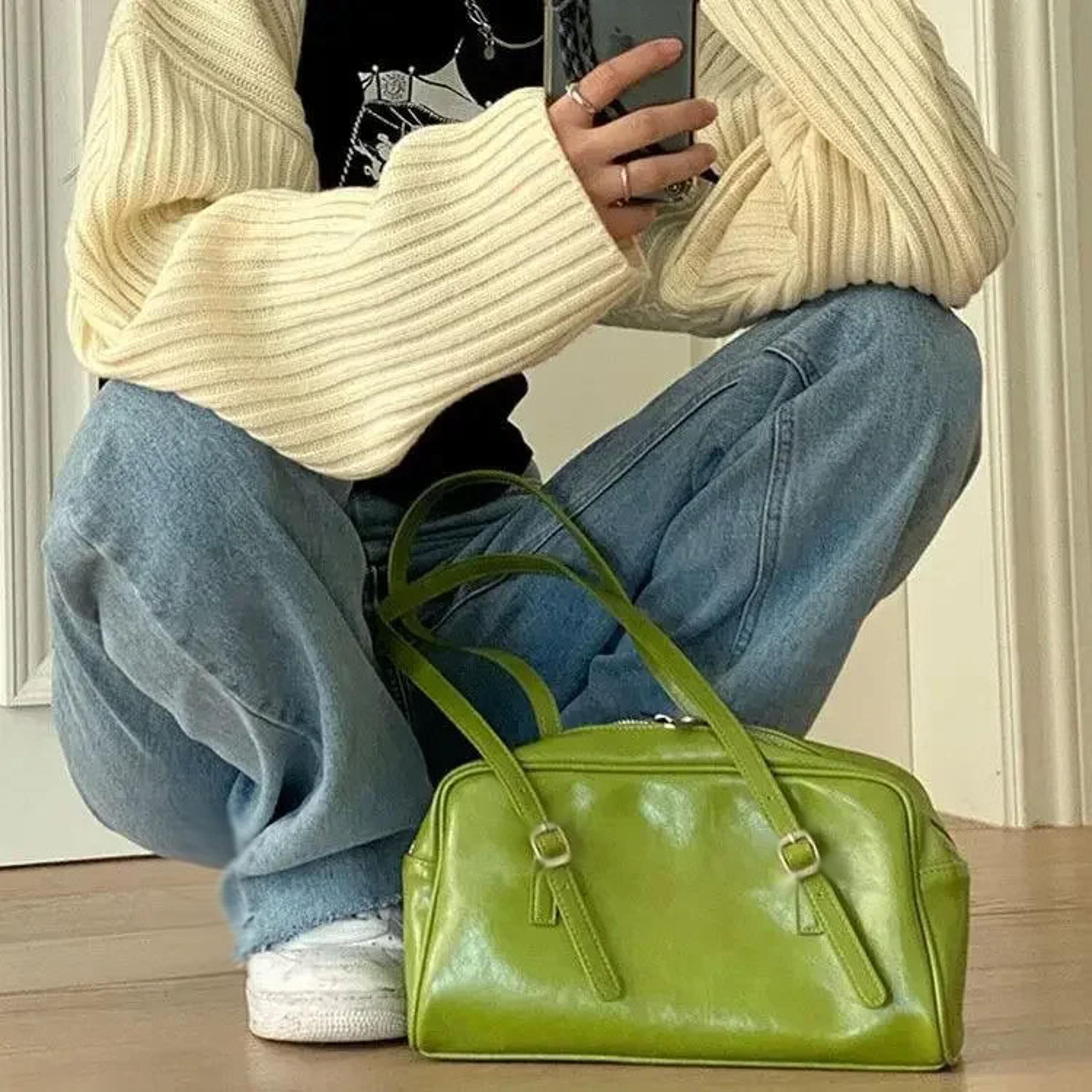 fashion women green pu leather shoulder bag large capacity casual tote for daily use