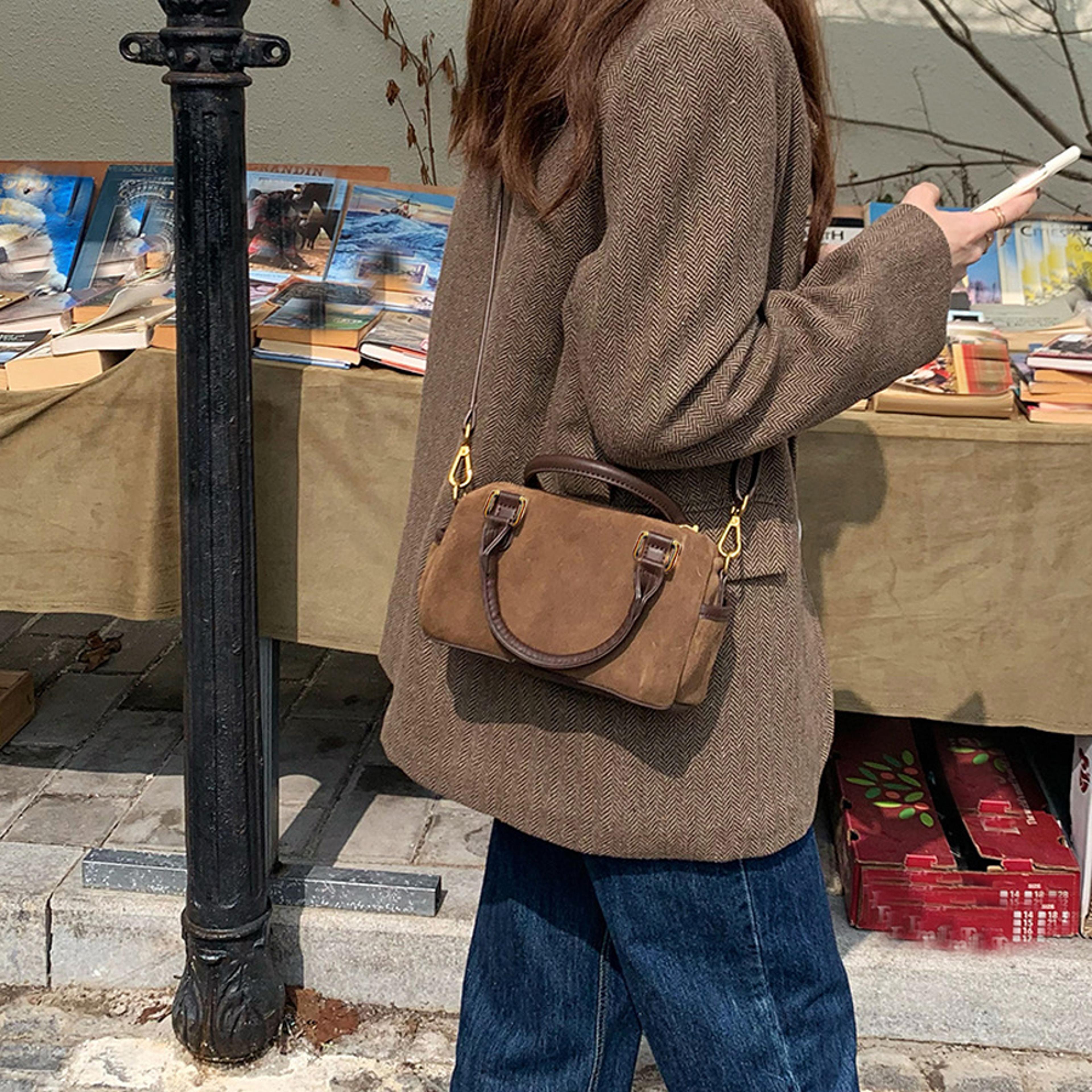 stylish faux suede crossbody shoulder bag for women small pillow boston handbag
