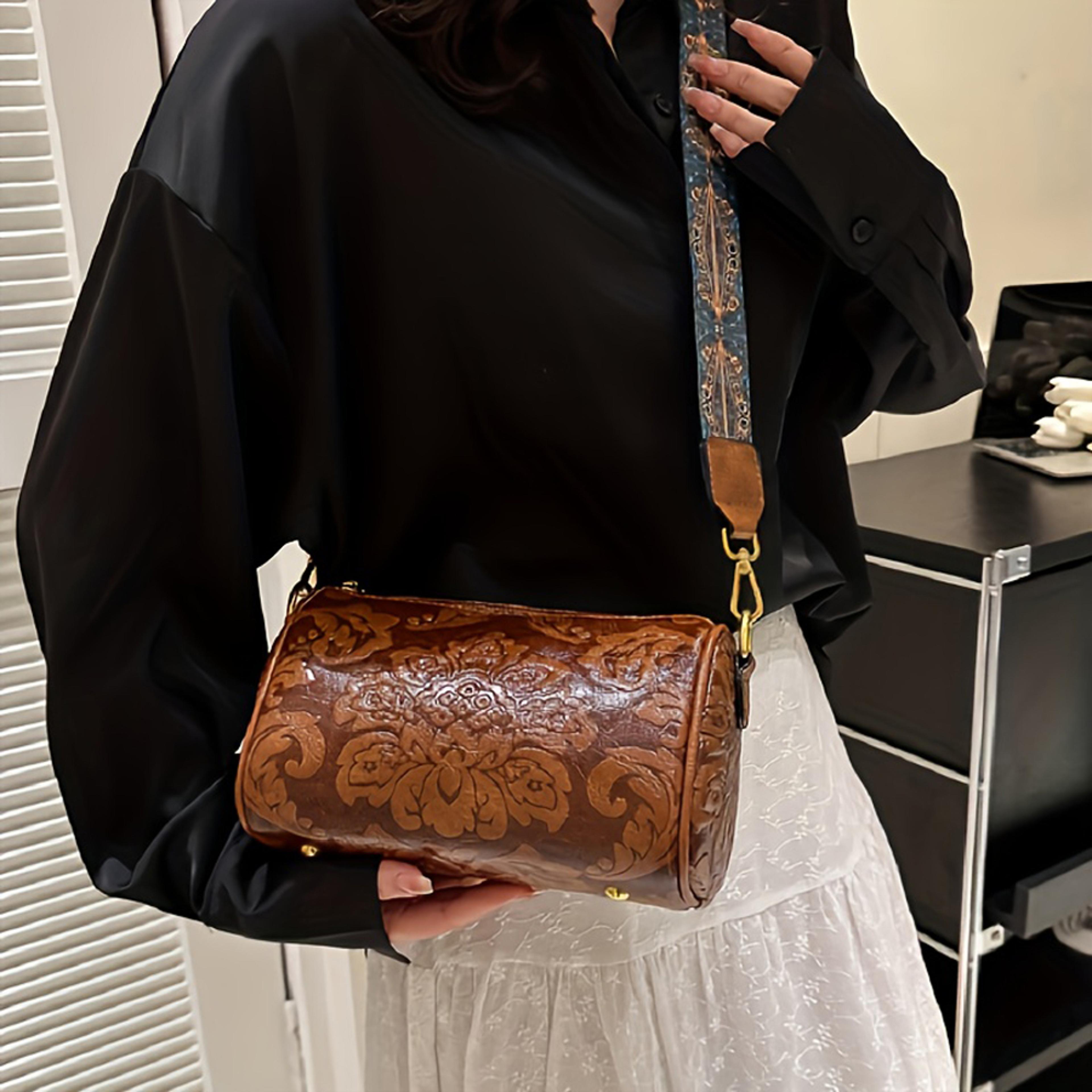 fashionable chinese style retro womens cylindrical shoulder crossbody bag embossed & chic