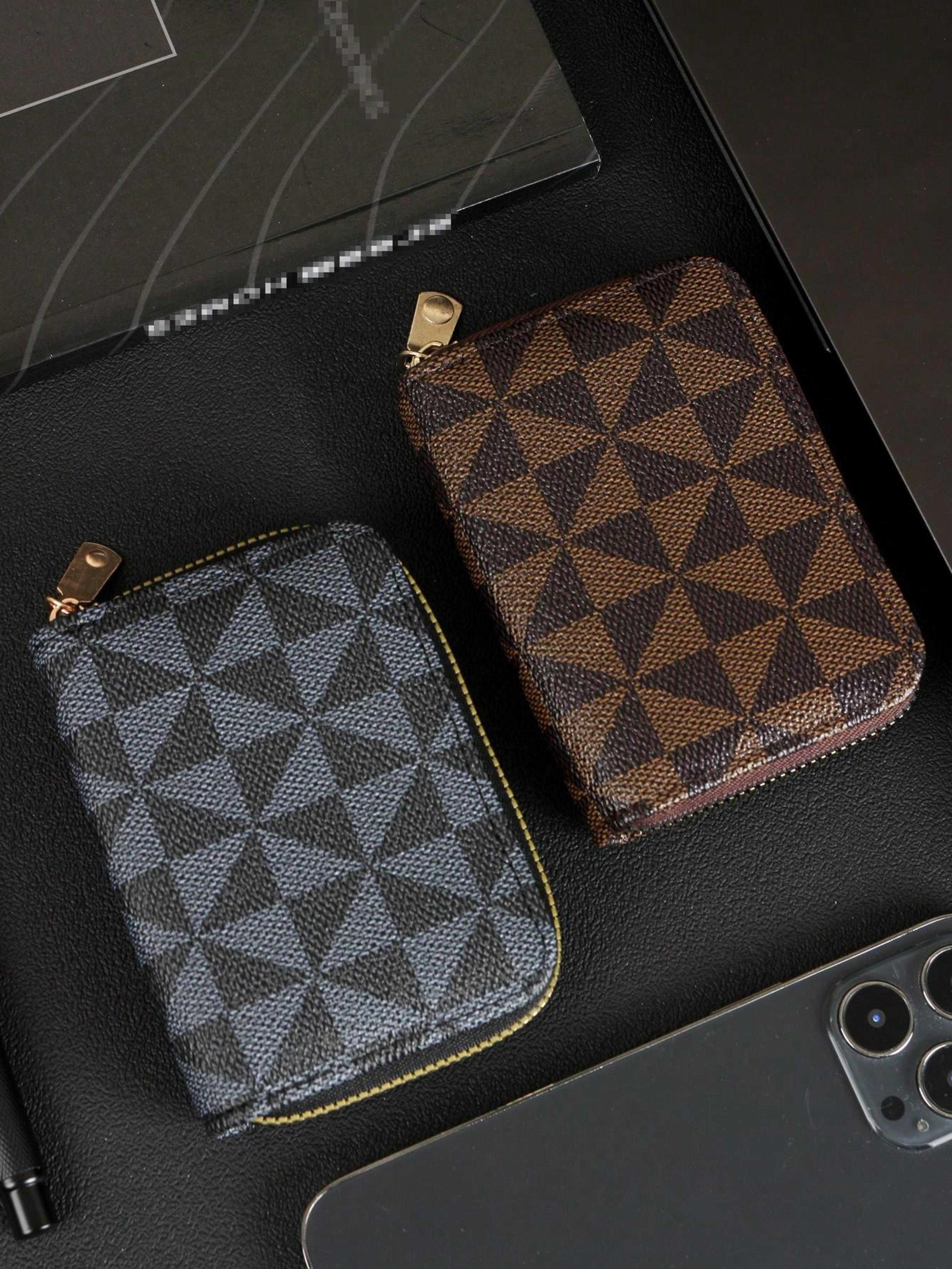 vintage zipper card holder wallet stylish checkered pattern compact & lightweight for men and women