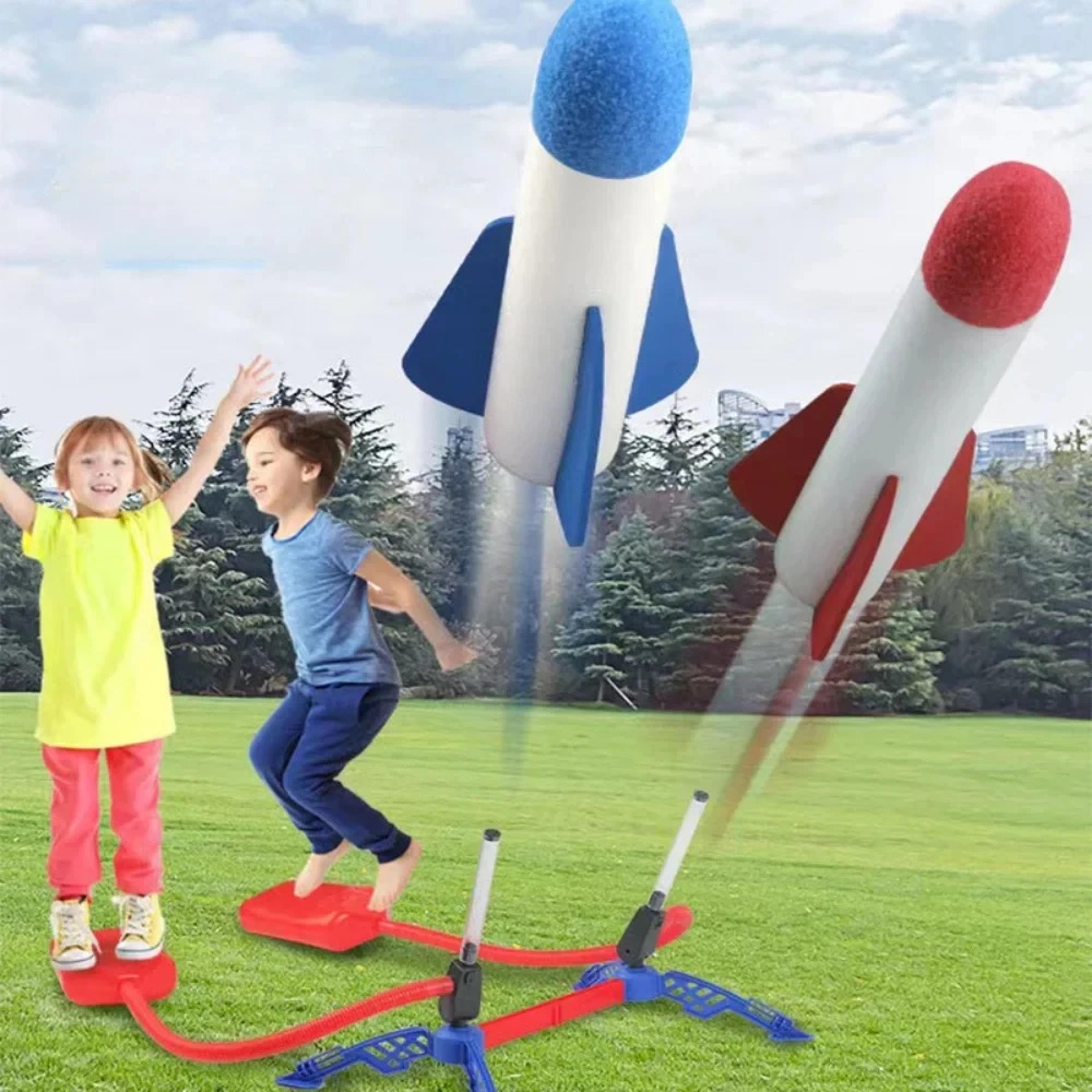 outdoor air powered rocket launcher for kids soaring fun with foot pump & jumpsuit