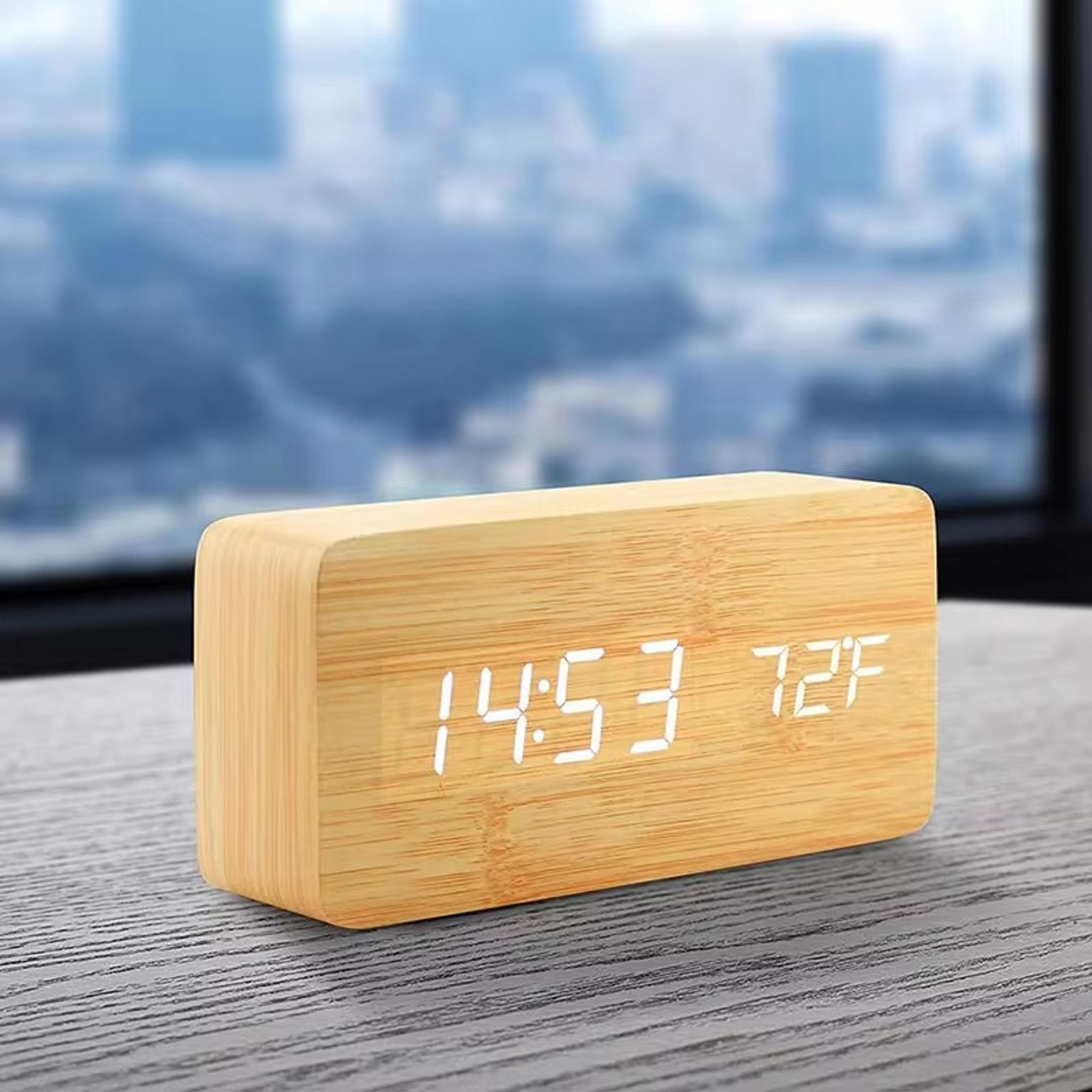 wooden led digital alarm clock with temperature display for bedroom & office decor
