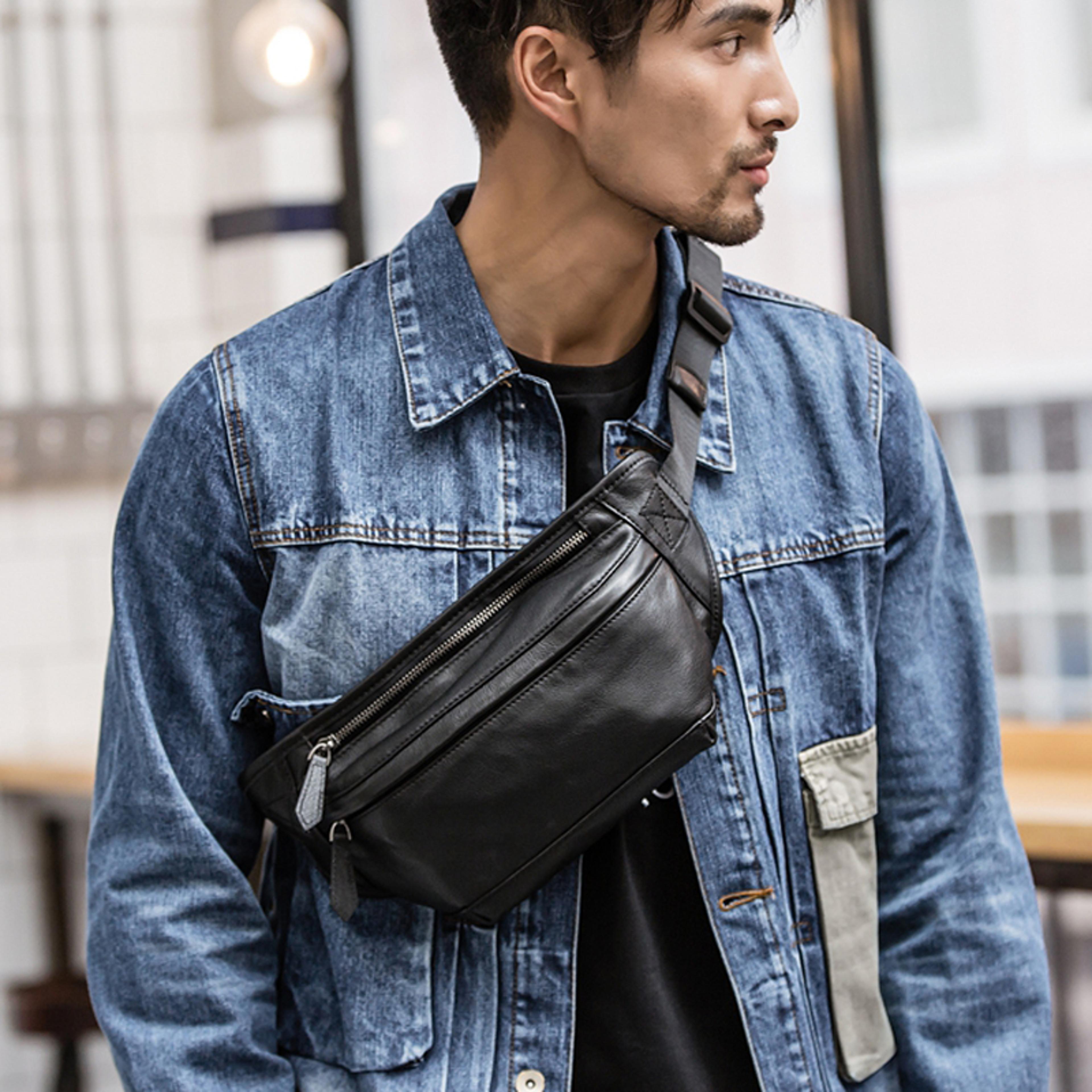mens genuine leather waist bag stylish molle belt pouch for outdoors travel and everyday use