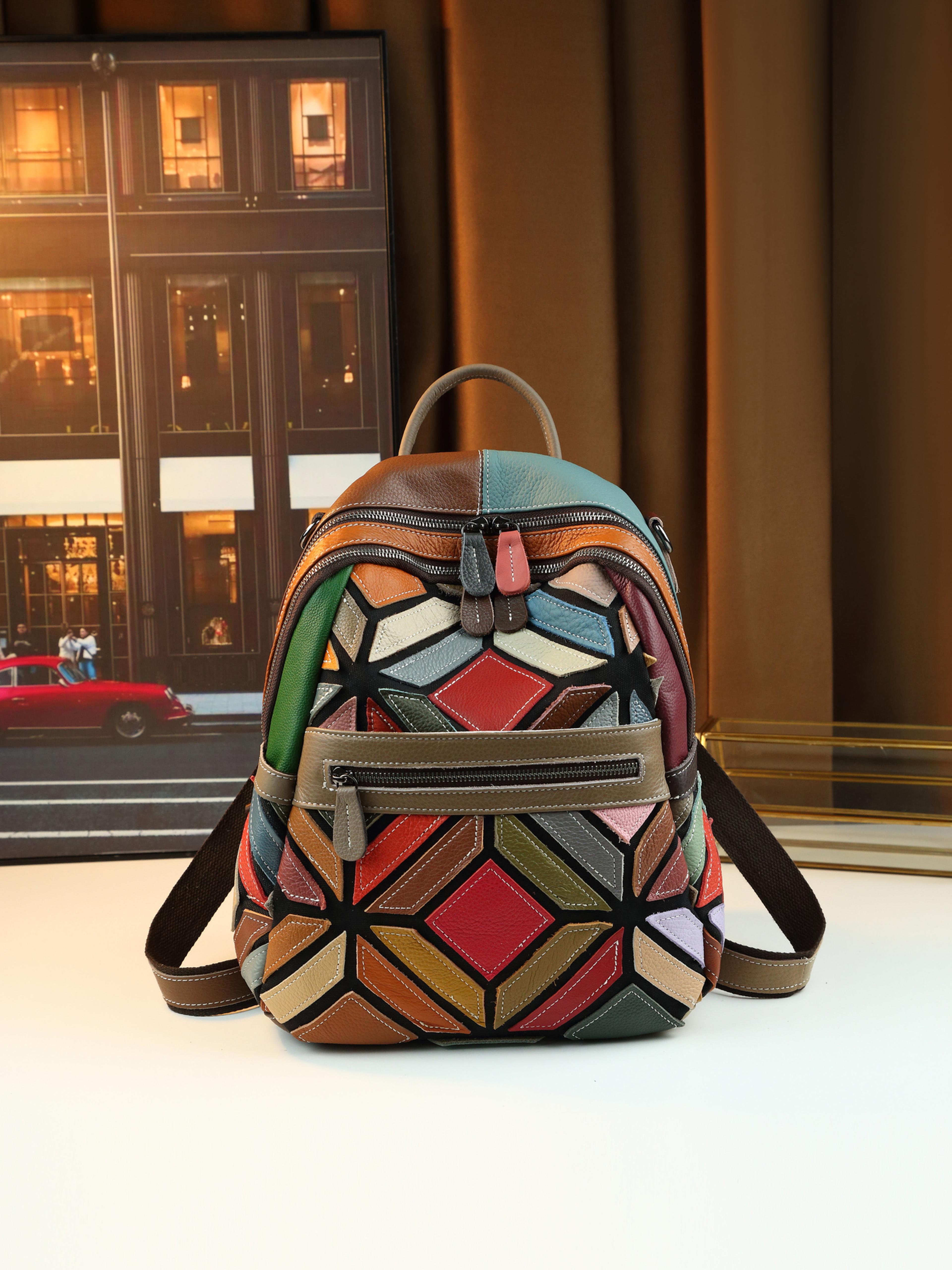 stylish geometric stitching leather backpack for travel large capacity vibrant and functional