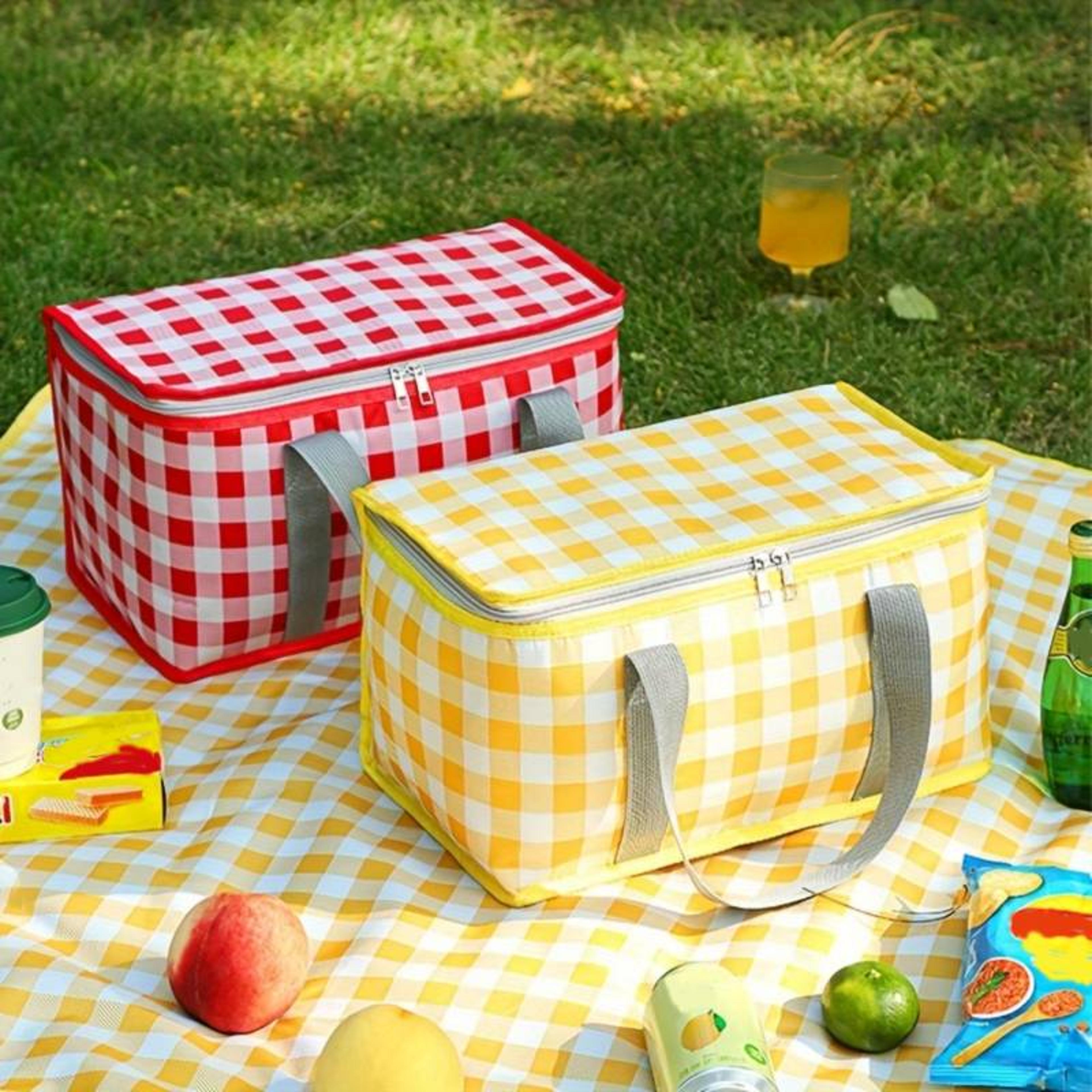 yellow checkered insulated picnic tote large capacity outdoor camping travel bag
