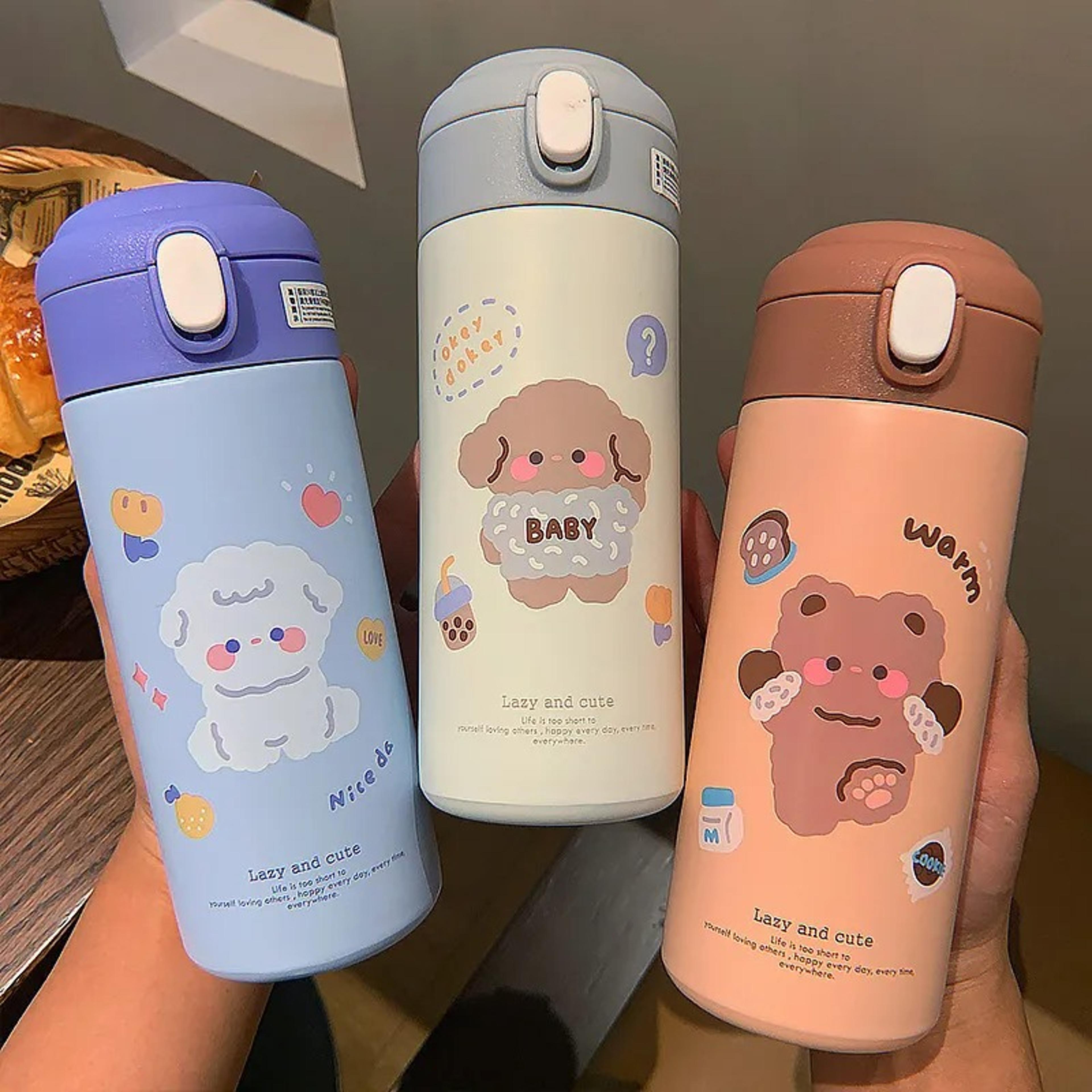 cute cartoon stainless steel thermal water bottle with straw insulated kids thermos cup
