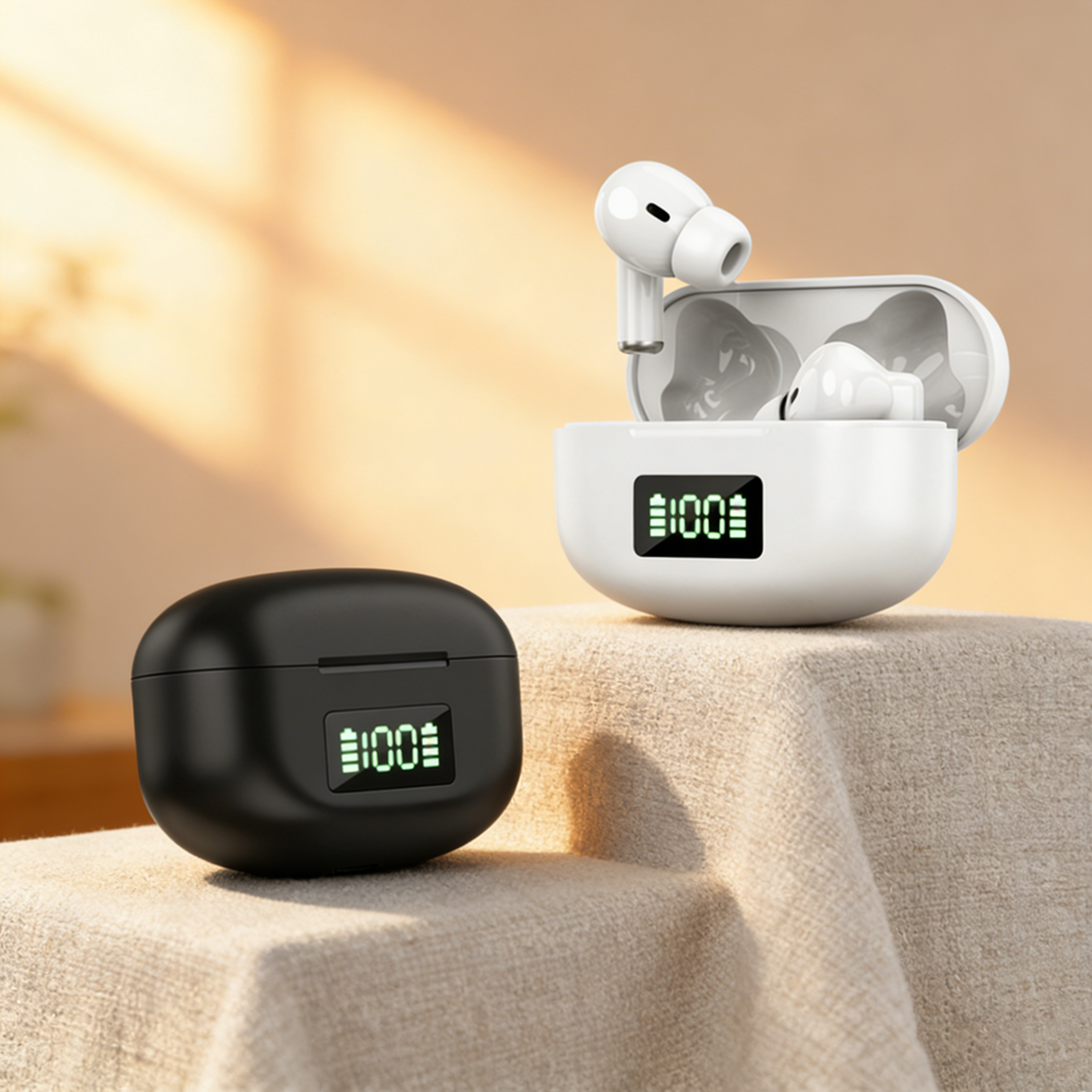 smart led display bluetooth earbuds with noise cancelling and touch control