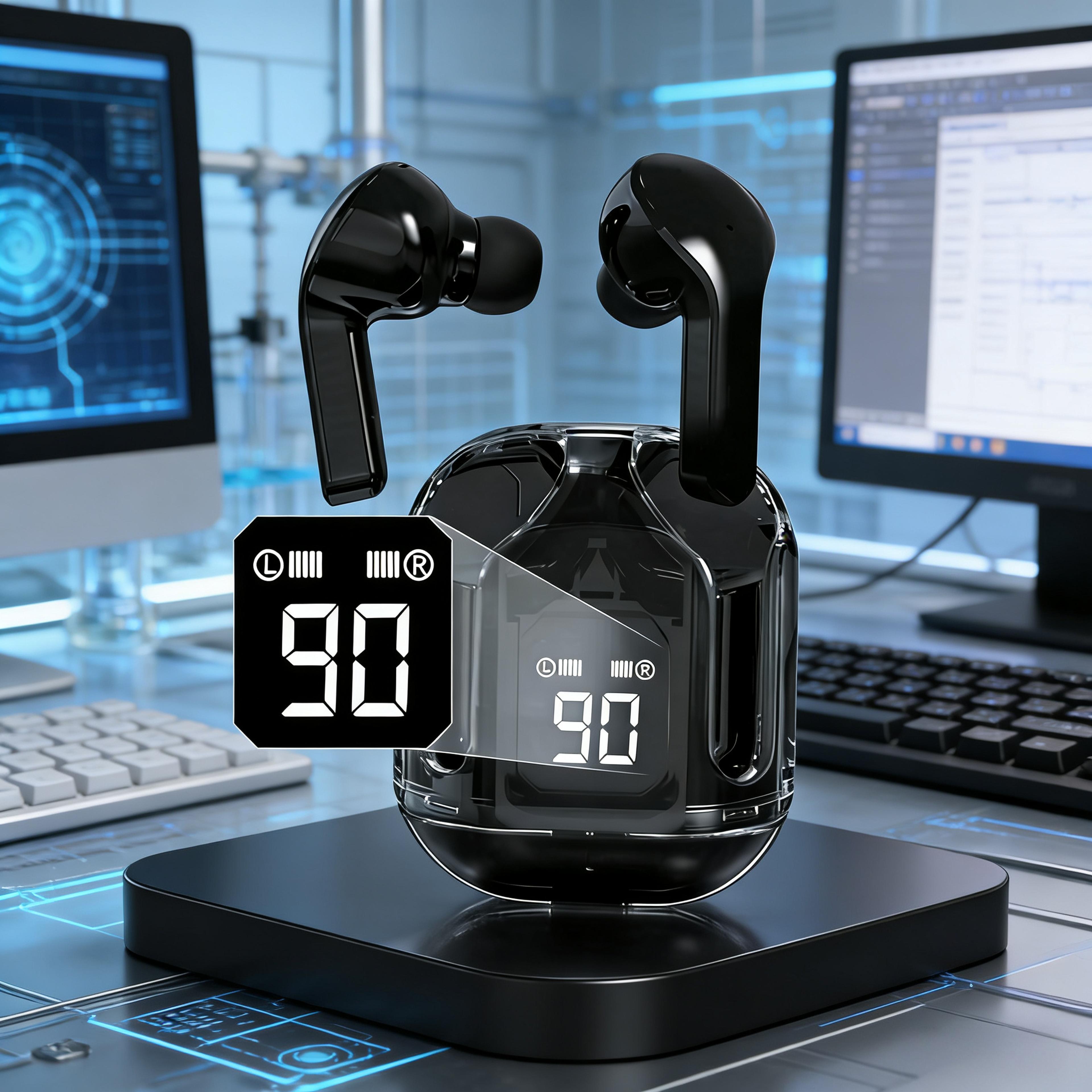 transparent tws wireless bluetooth earbuds crystal clear hifi stereo sound & led power display