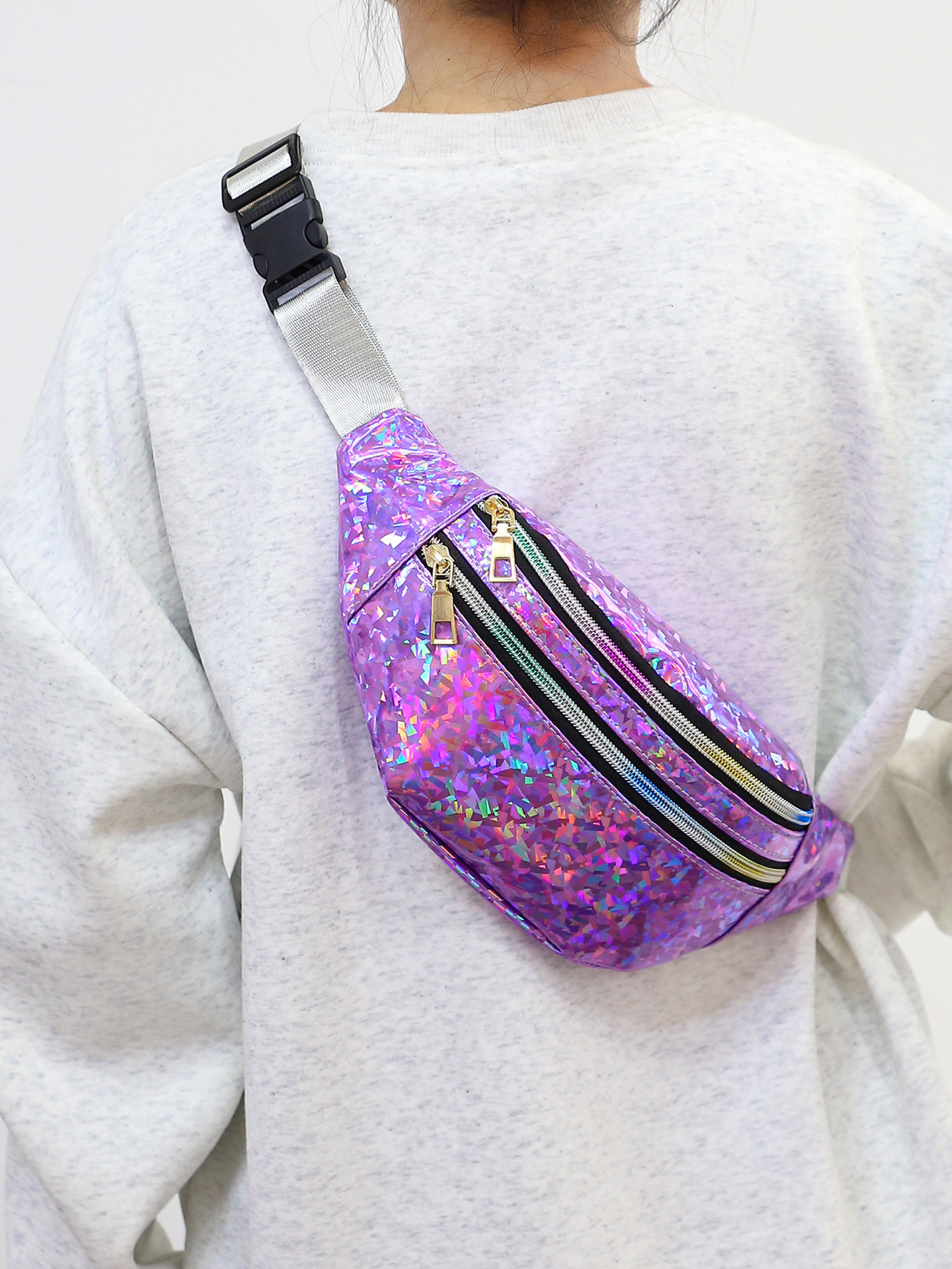 holographic geometric fanny pack stylish reflective waist bag for festivals and travel