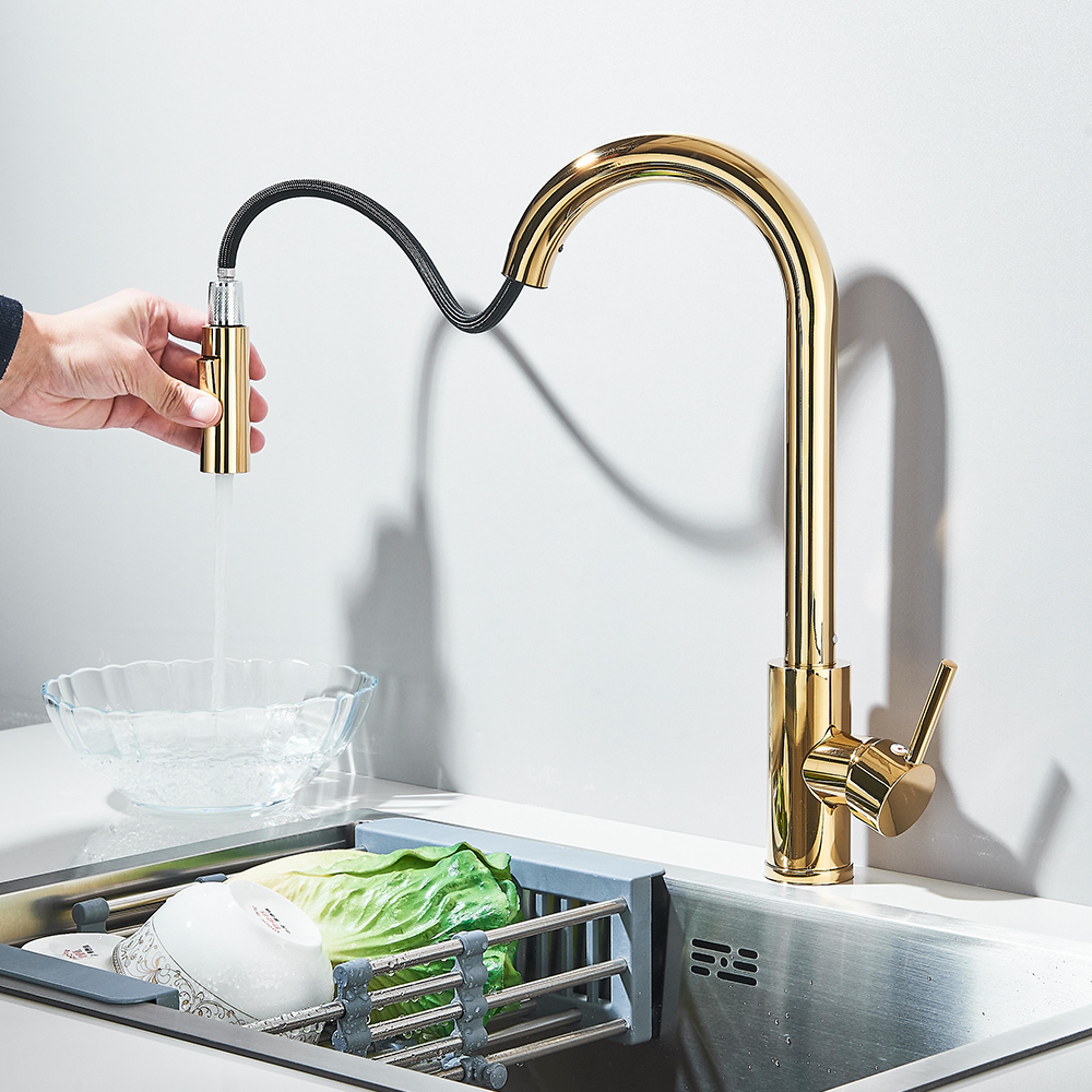 luxury gold kitchen sink faucet with pull out sprayer single handle deck mounted kitchen faucet