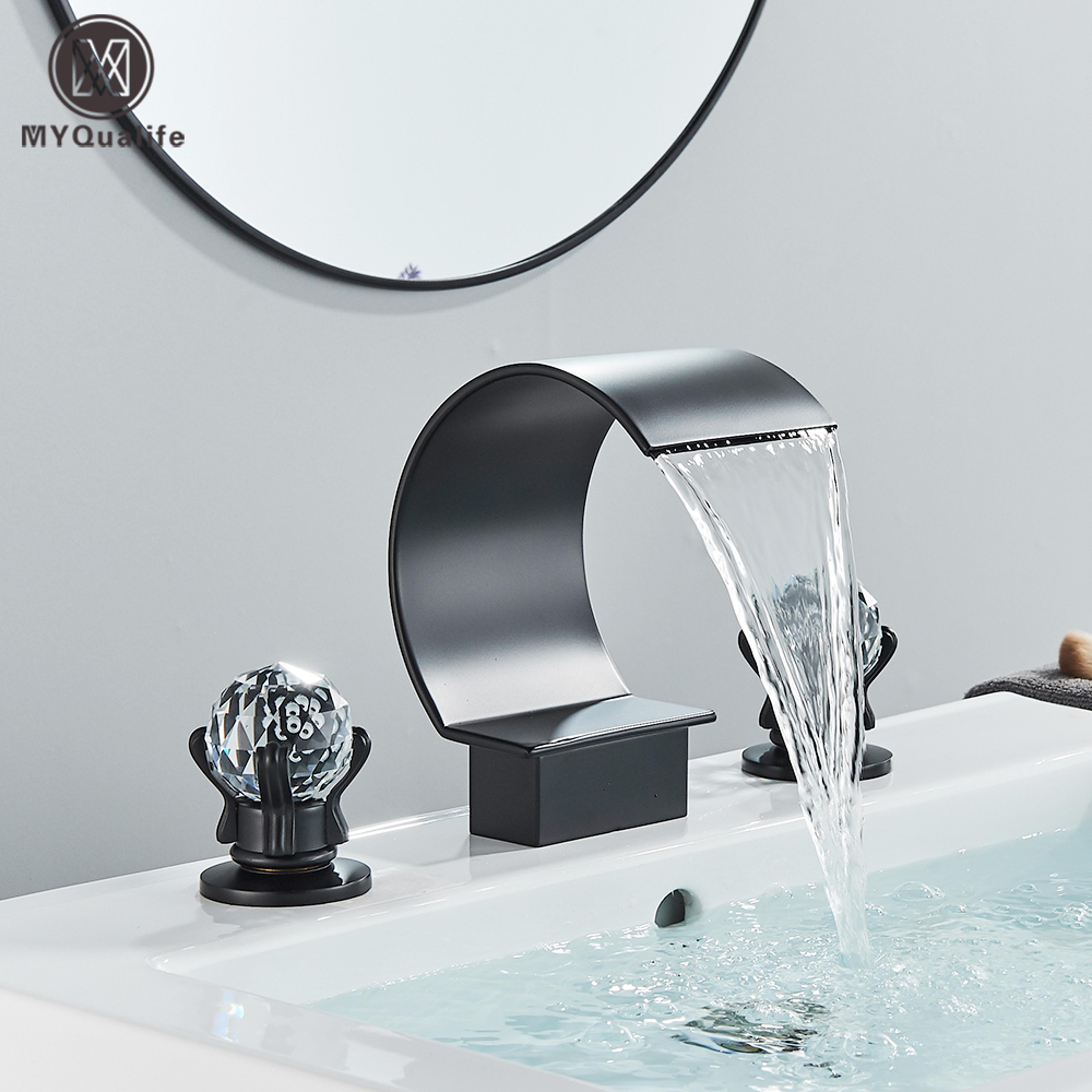 luxury gold waterfall bathroom faucet with crystal knobs for hole sink