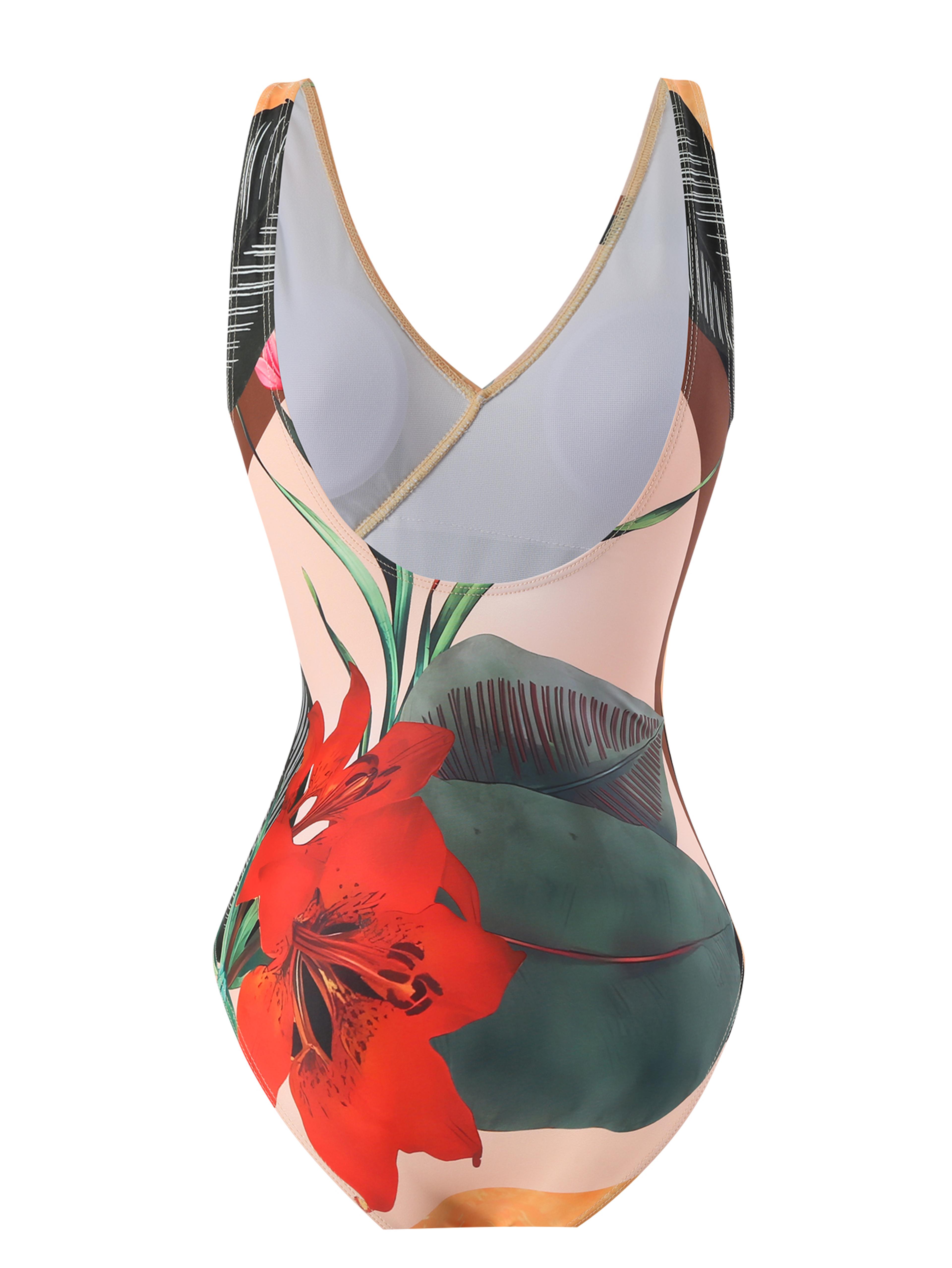 retro floral one piece swimsuit with cover up skirt for beach vacation