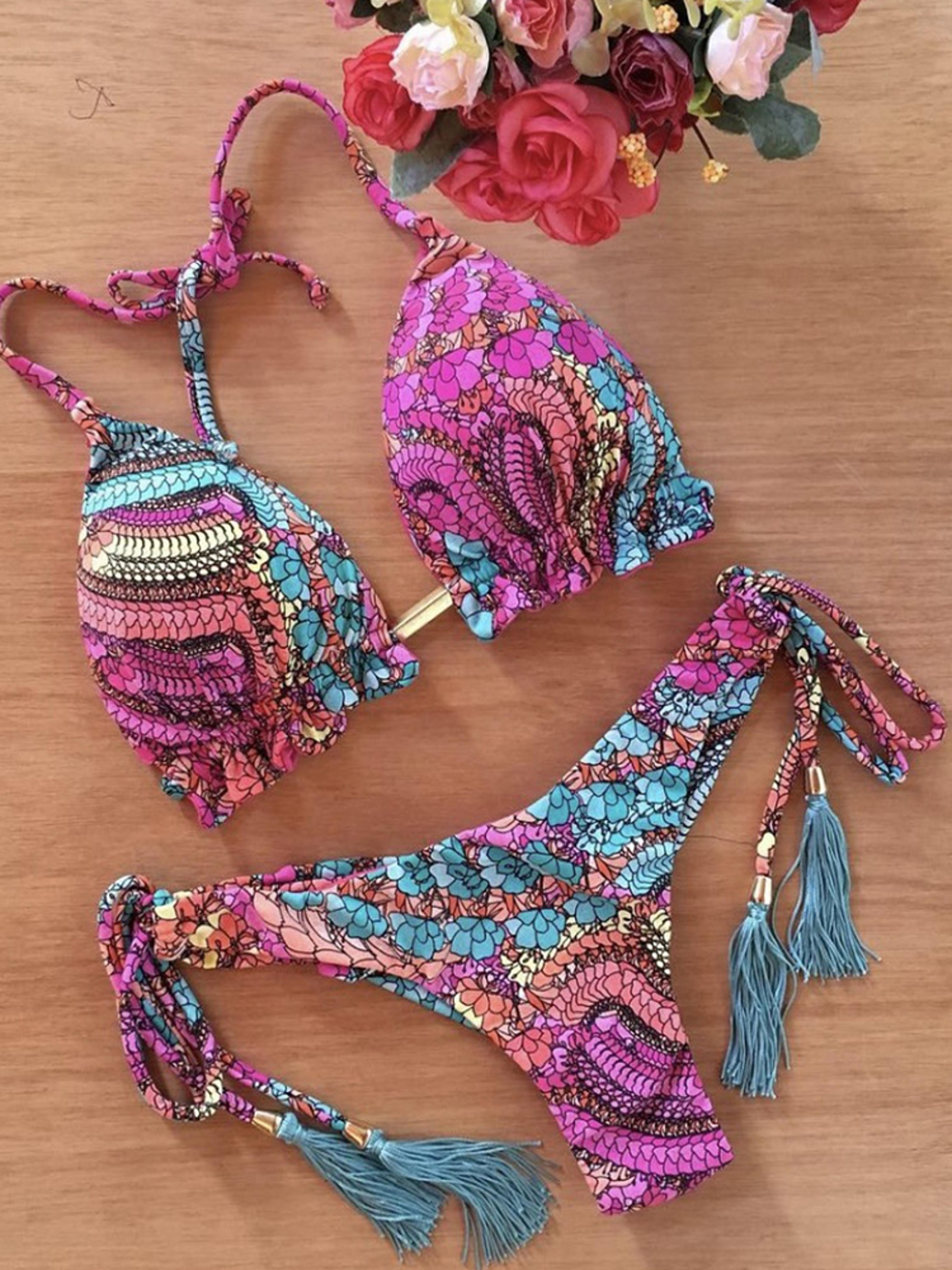 floral push up bikini set for women string tie beach swimwear