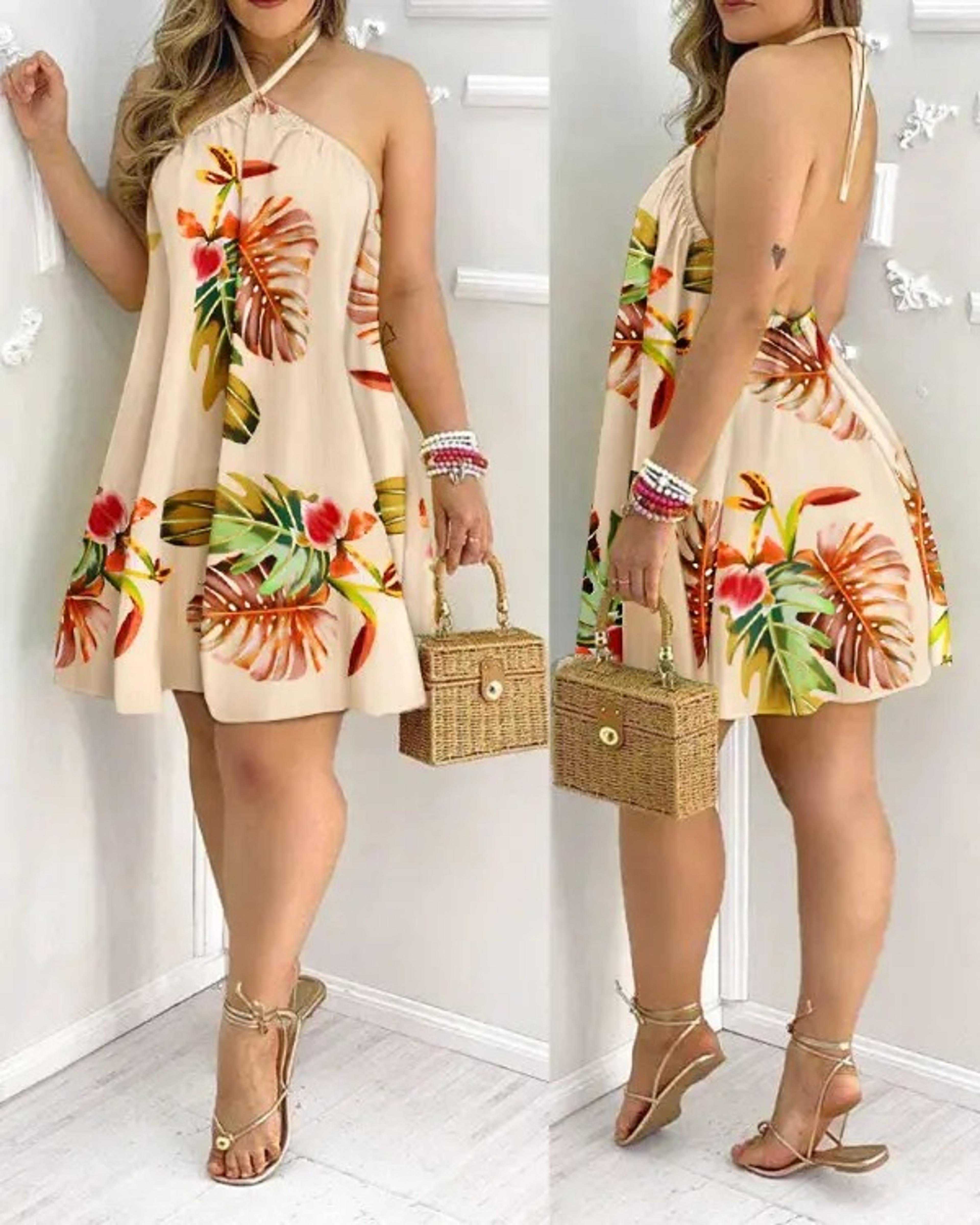 floral halter neck boho summer dress backless vacation sundress