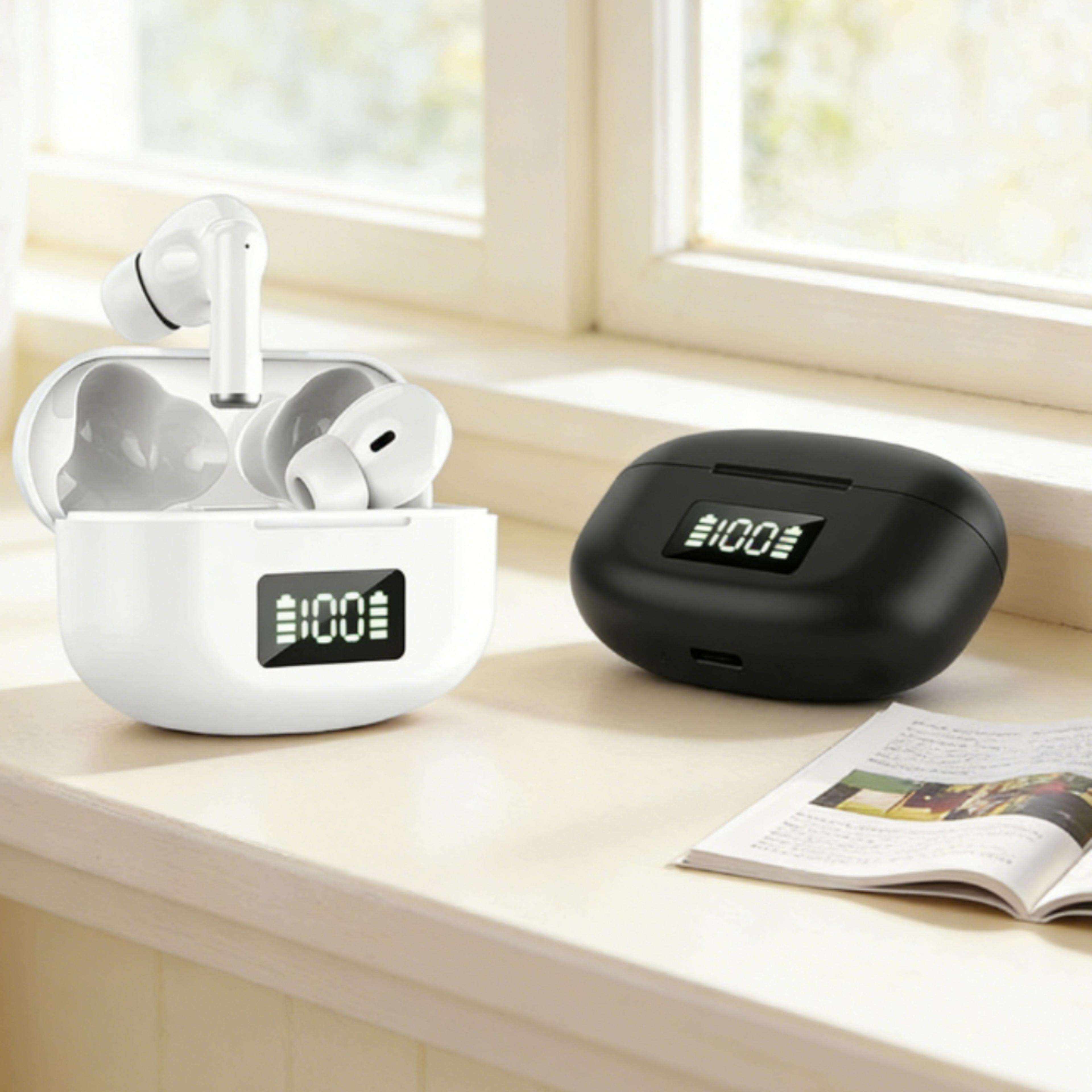 wireless bluetooth noise cancelling earbuds with digital display