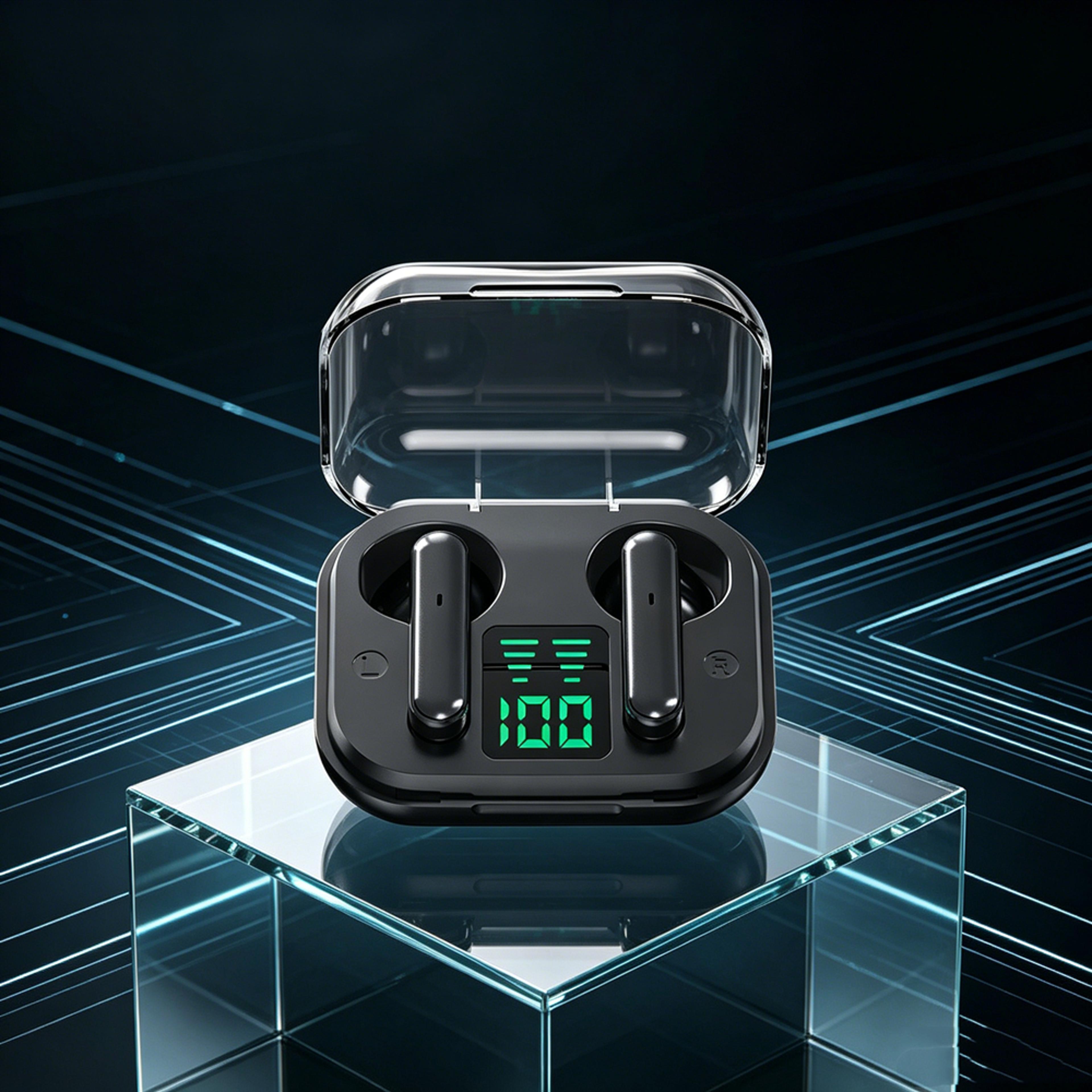 transparent wireless bluetooth earbuds with enc mic and led power display